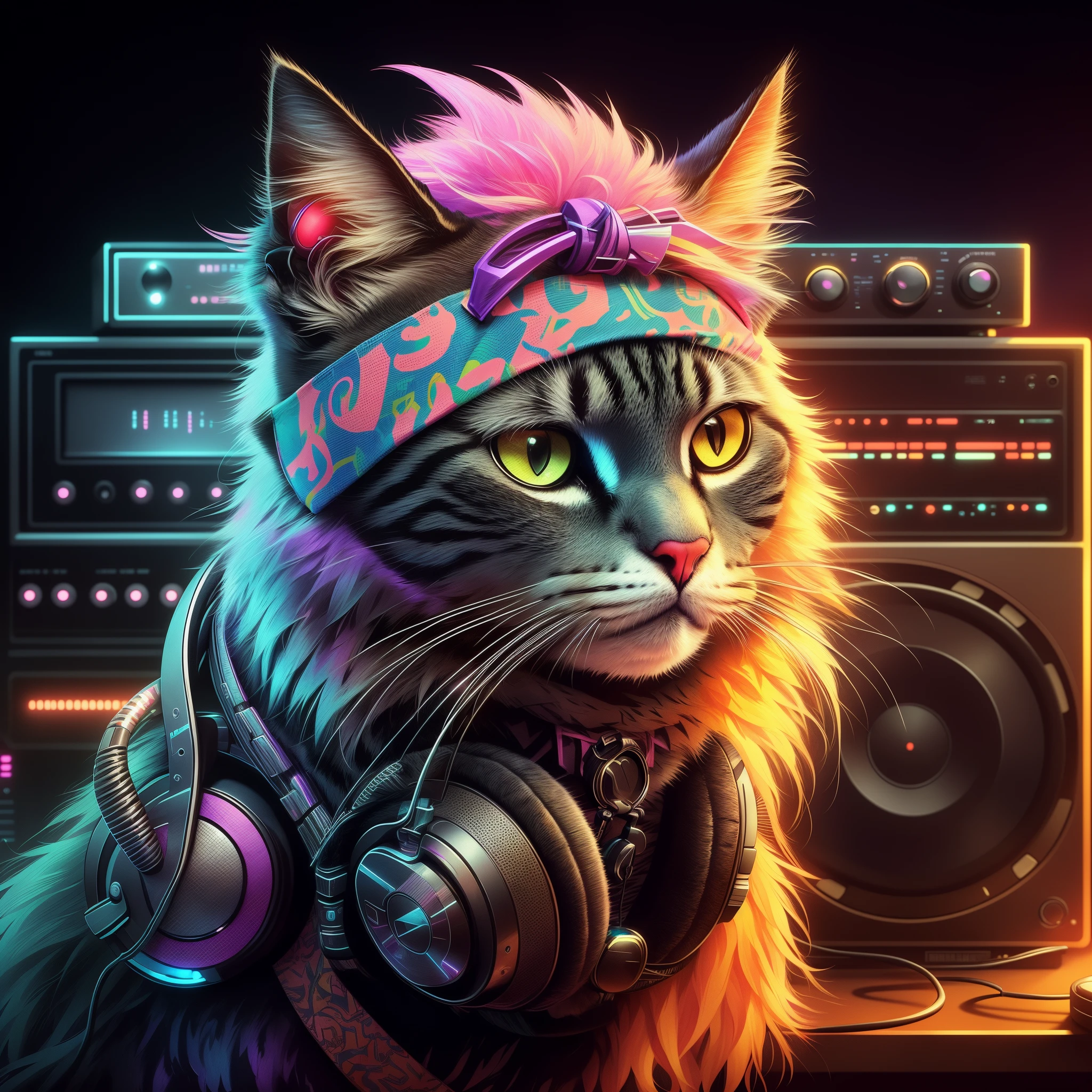 arafed cat with headphones and a bandana sitting next to a stereo , cyberpunk cat, jen bartel, beeple and jeremiah ketner, furry digital art, cat. Digital Painting, adorable Digital Painting, stunning digital illustration, highly detailed 4k digital art, Style 8 0's Tomáš Alain Kopera, beautiful digital artwork, Synthwave art