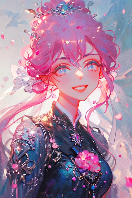 "(best quality,ultra-detailed),1girl,pink hair,beautiful detailed eyes,beautiful detailed lips,smile,flying petal,flowery meadow,cloudy sky,moonlight,night,(dark theme:1.3),fantasy(Speed Paint)"