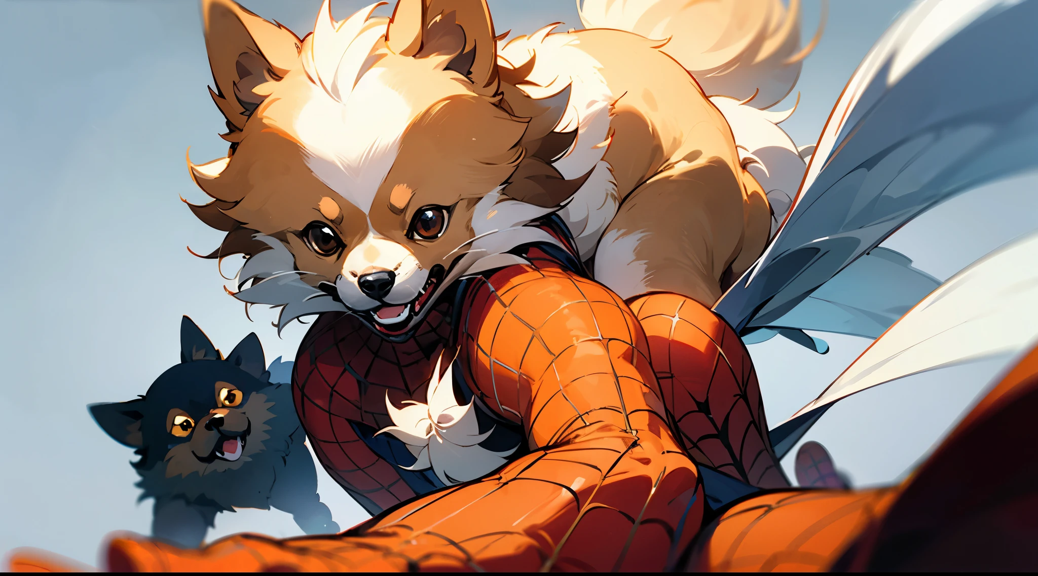c4tt4stic,Pomeranian in Spiderman costume(Pomeranian appearance characteristicody hair is light brown)