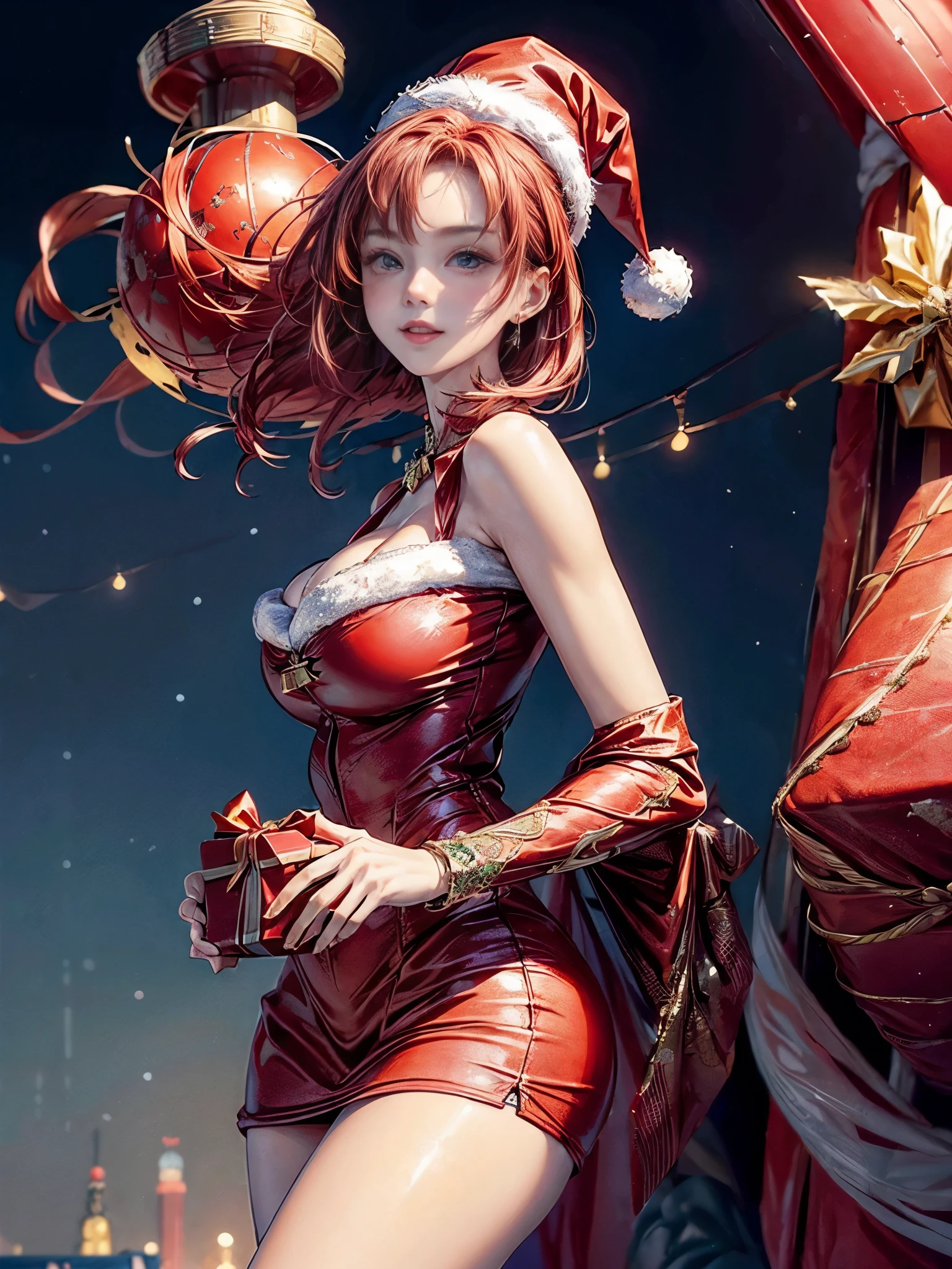 Cinematic lighting、16k picture quality、highlydetailed skin、masutepiece,1girl in, Solo、Best Quality,cyberpunked,(1beautiful woman、Detailed beautiful facial features:1.3)(Red color medium bob hair)blue eye、 lighting like a movie、16k picture quality、highlydetailed skin,1girl in, Solo、Best Quality,cyberpunked,(1beautiful woman、Detailed beautiful facial features:1.3)Santa Claus Girl(Red color medium bob hair、Long bangs:1.3)(well-shaped breasts:1.3)Breasts that are about to leak、Blue eyes, (Santa Claus Cospre、Santa Claus hat:1.4)Navel Ejection、Touch your hair with one hand(A smile、Look down at me:1.3)(A large pile of gift boxes:1.5)、Dirt and blood stains can be seen on the body(a sultry、Steam from the body:1.4)(An old factory that no one uses:1.2)(A huge fighter plane came to pick us up behind us.、Angle from below:1.4)