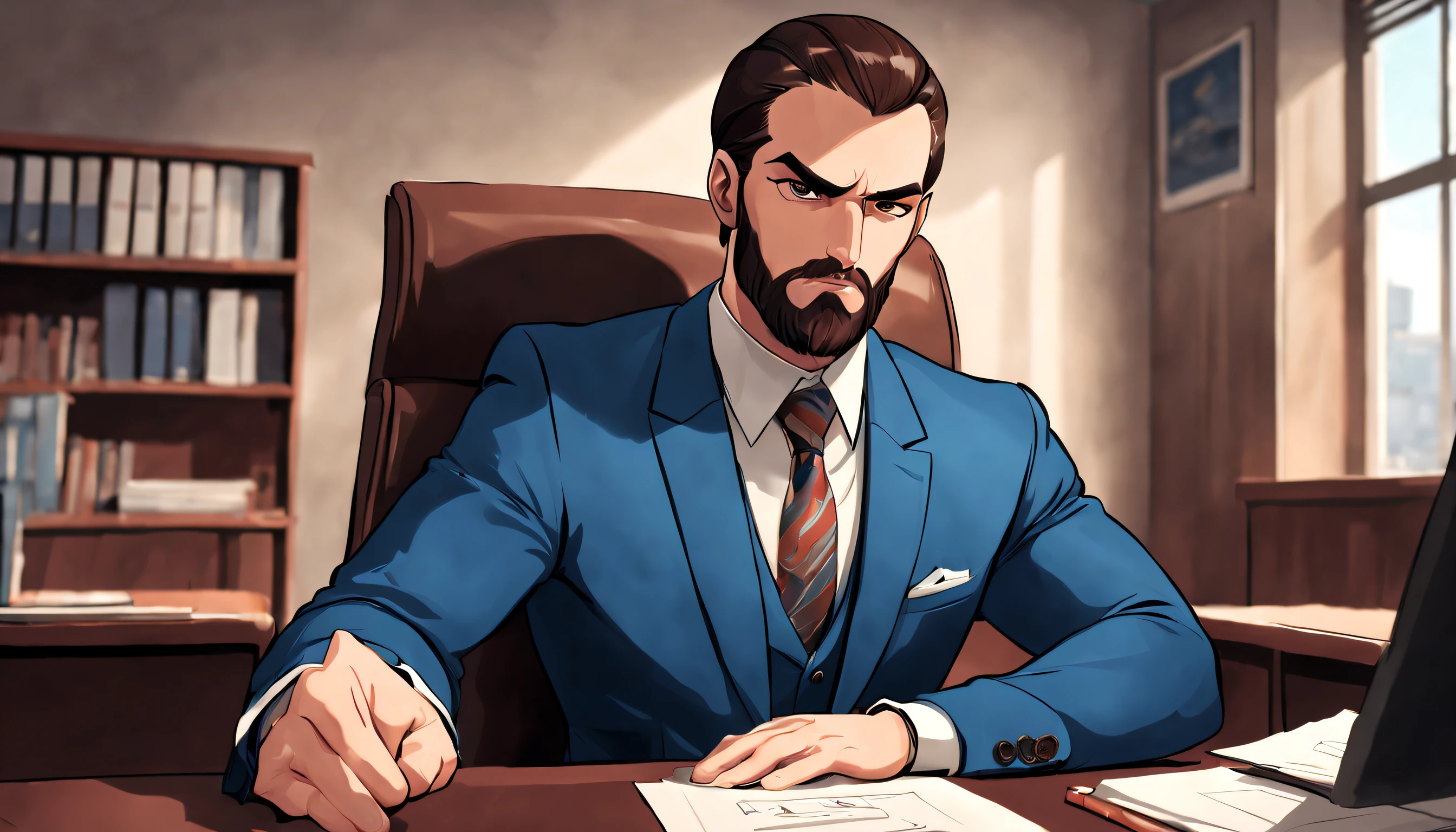 A young student named ((((argo)))) ((athletic)),muscular, with brown beard and slicked back hair, (intense, piercing) angry eyes, (strong, masculine), blue suit, thick neck ((cartoon))
is sitting in a expensive office
