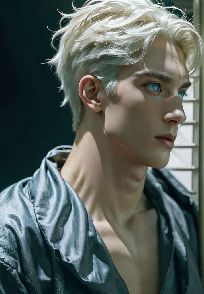 (Profile portrait of Vyke ), (((best quality))), (((ultra high resolution))), (((masterpiece))),
((38 year old)), (photorealistic:1.4), UHD, HDR, white hair, blond boy, pretty boy, masculine face, roman nose, vivid blue eyes, (((large faded scar over right eye))), hyper realistic, curtain hairstyle, realistic, detailed and correct facial structure, johan liebert mixed with dante, handsome, attractive, slightly muscular, cinematic lighting, unreal engine, intricate details, masterpiece, best quality, by Irakli Nadar, Greg Rutkowski,