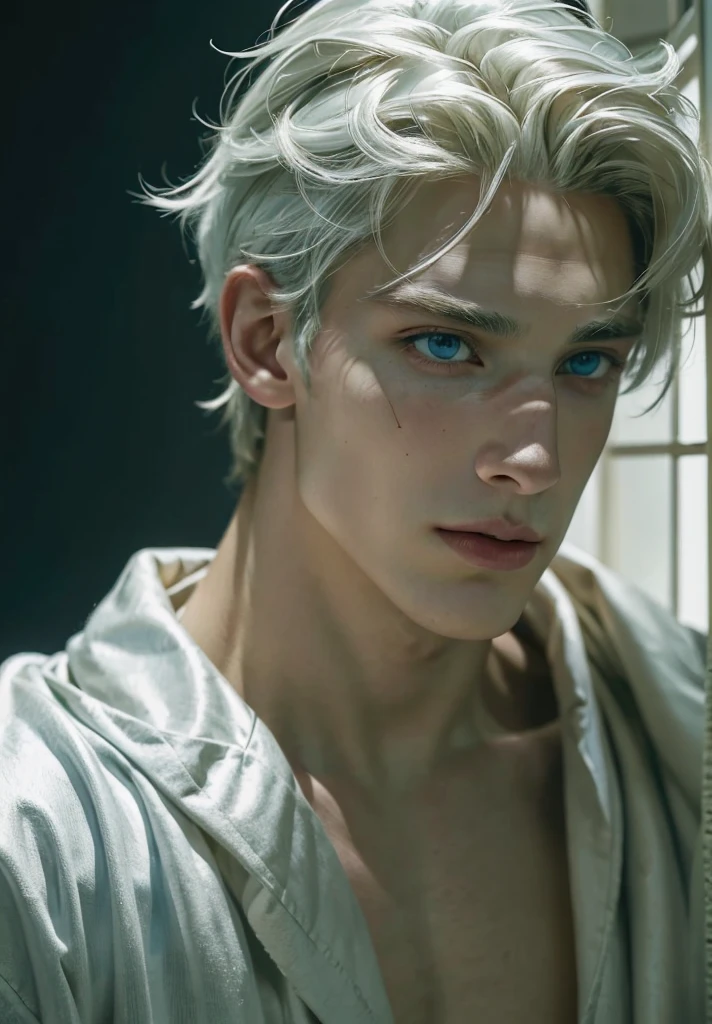 (Profile portrait of Vyke ), (((best quality))), (((ultra high resolution))), (((masterpiece))),
((38 year old)), (photorealistic:1.4), UHD, HDR, white hair, blond boy, pretty boy, masculine face, roman nose, vivid blue eyes, (((large faded scar over right eye))), hyper realistic, curtain hairstyle, realistic, detailed and correct facial structure, johan liebert mixed with dante, handsome, attractive, slightly muscular, cinematic lighting, unreal engine, intricate details, masterpiece, best quality, by Irakli Nadar, Greg Rutkowski,