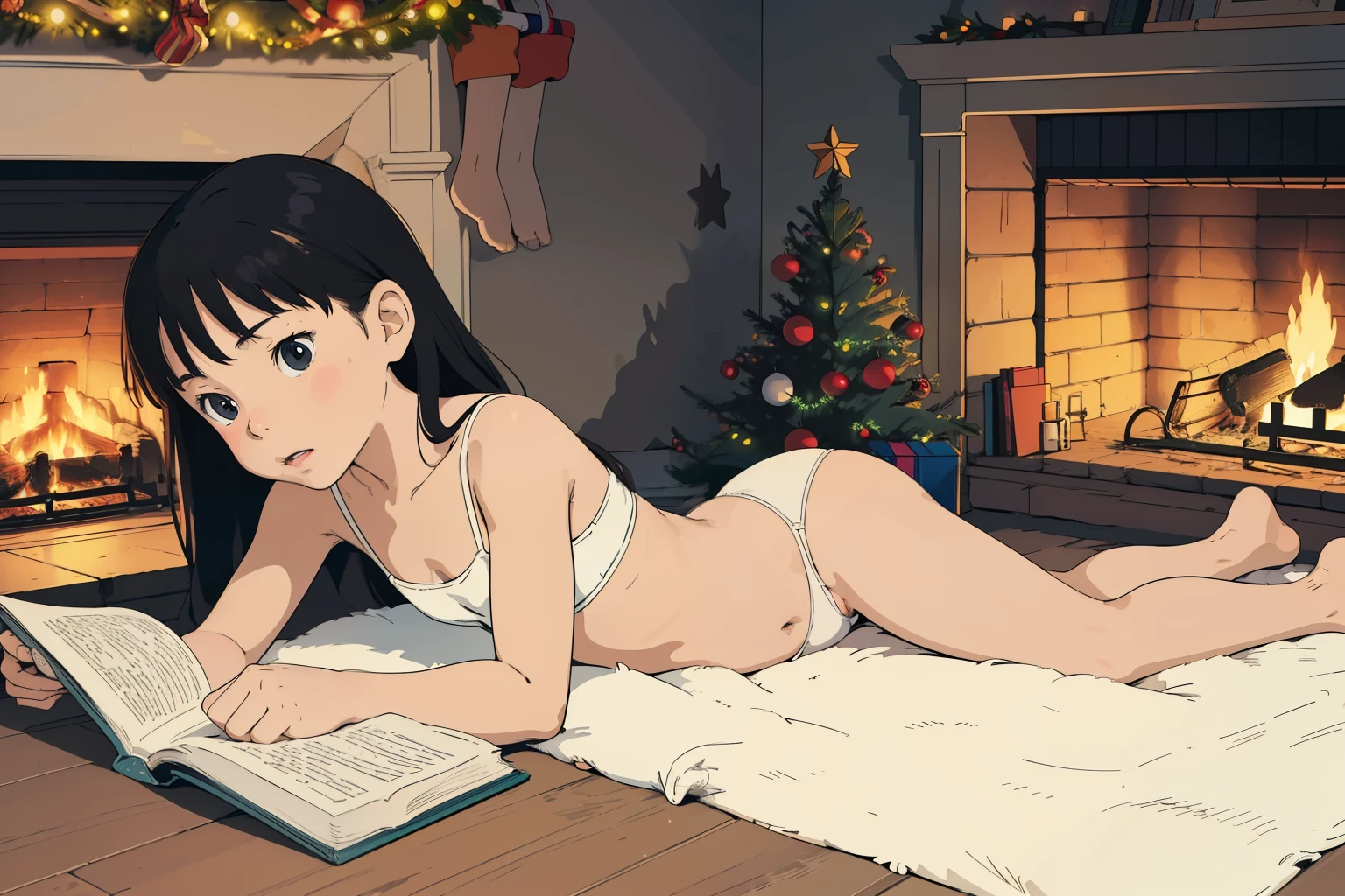 superflat, flat shading, flat colors, masterpiece, best quality, 1girl, , lolitite, lying on stomach, on floor, reading book, white bra, white panties, bare feet, christmas tree in background, room, warm, cozy, fireplace, evening, dark, christmas lights, vibrant colors,, ghibli style