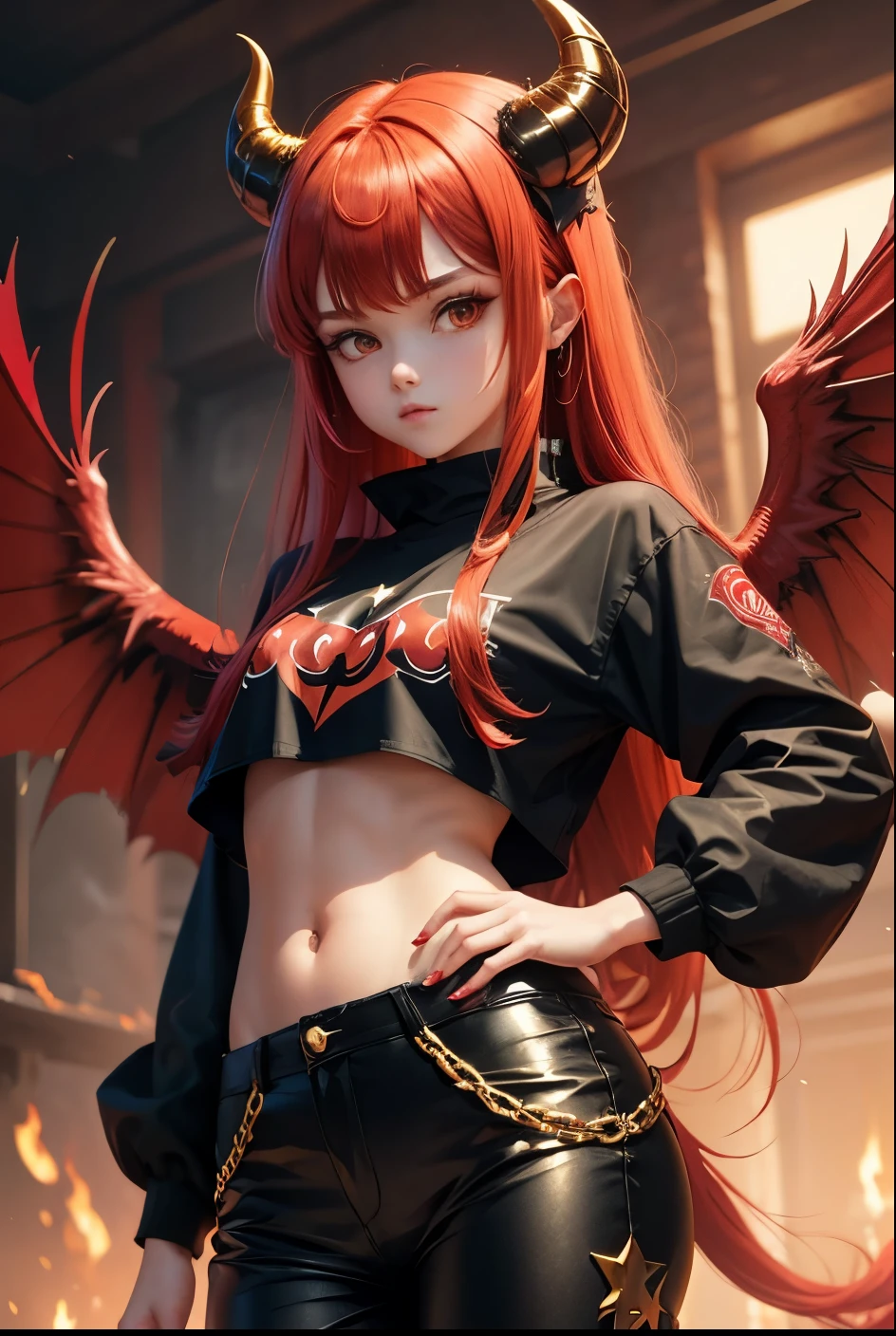 cute girl, satan, Red hair, Demon tail, Gold clothes, Black wings, baggy pants, star