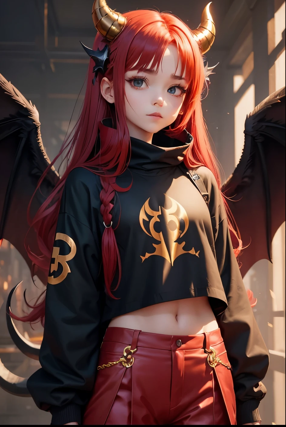 cute girl, satan, Red hair, Demon tail, Gold clothes, Black wings, baggy pants, star