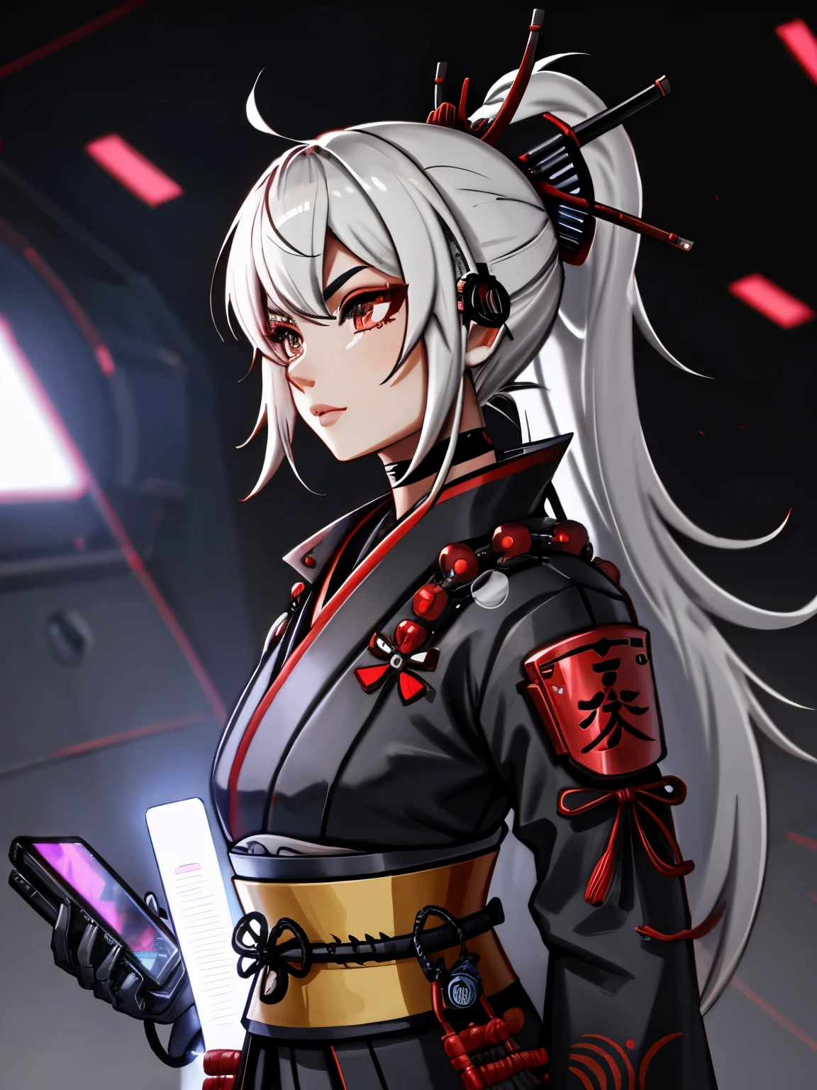 Combine traditional samurai attire with cybernetic enhancements or futuristic gadgets,hyperdetailed,