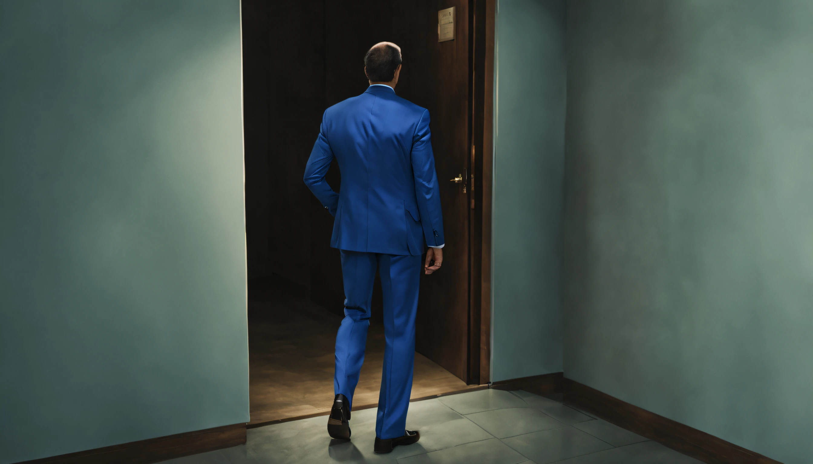 a man in a blue suit walk by a door frame
