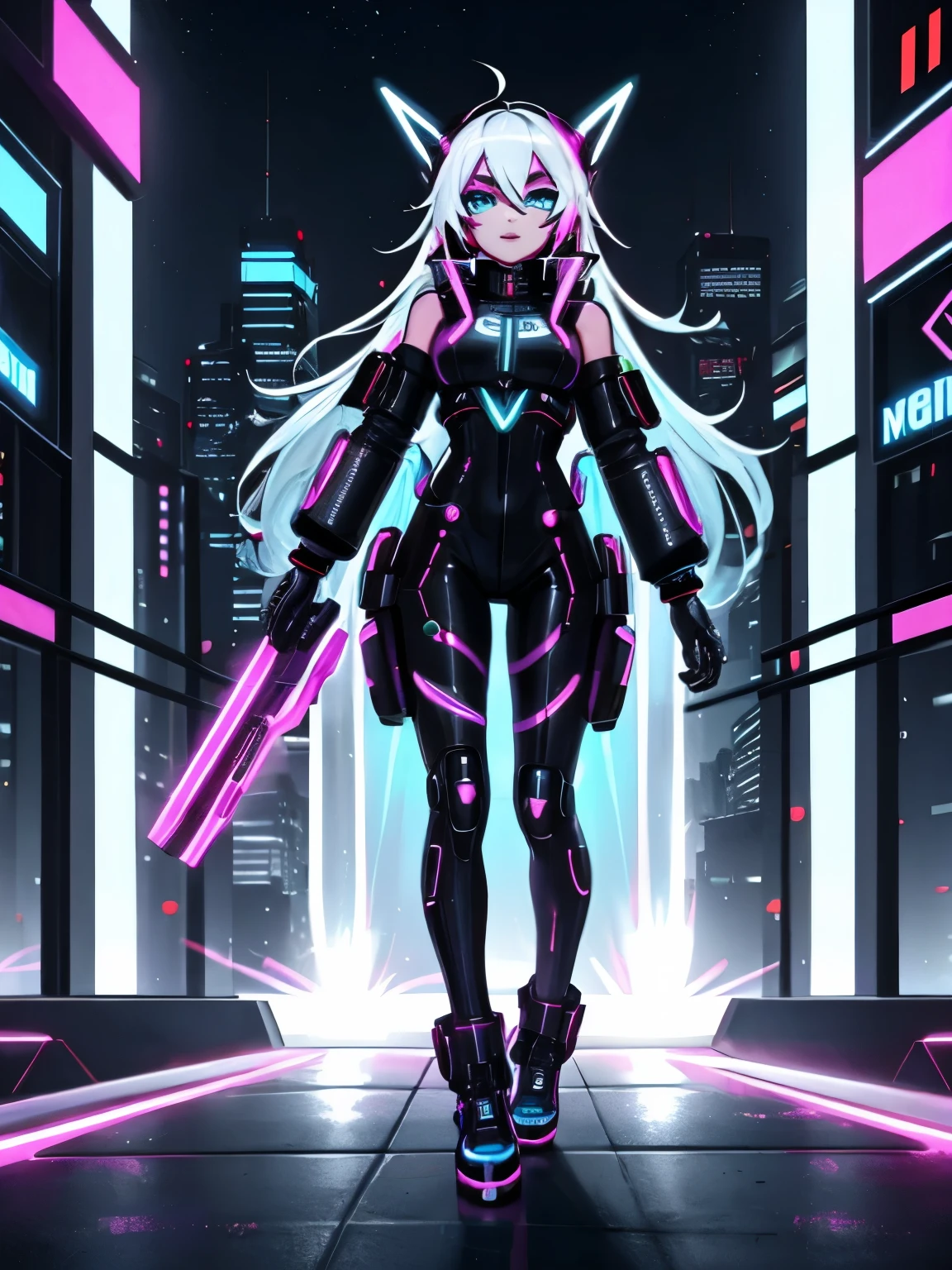 Merge cybernetic enhancements with flashy, colorful pop star attire for a character performing in a futuristic cityscape,hyperdetailed