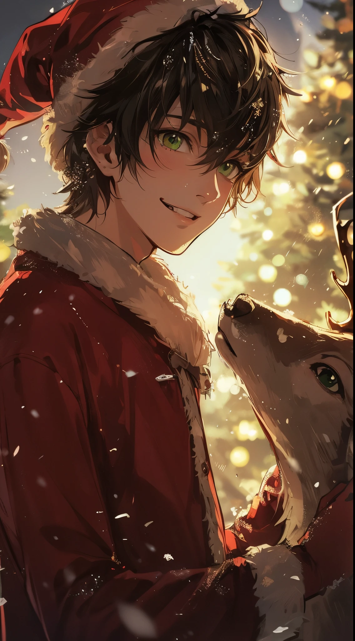 Clear line drawing, clear shading, Beautiful young man, dark hair, green eyes, Santa costume, petting reindeer, smiling, snow, lights,high quality, amount of drawing, pixiv illustration