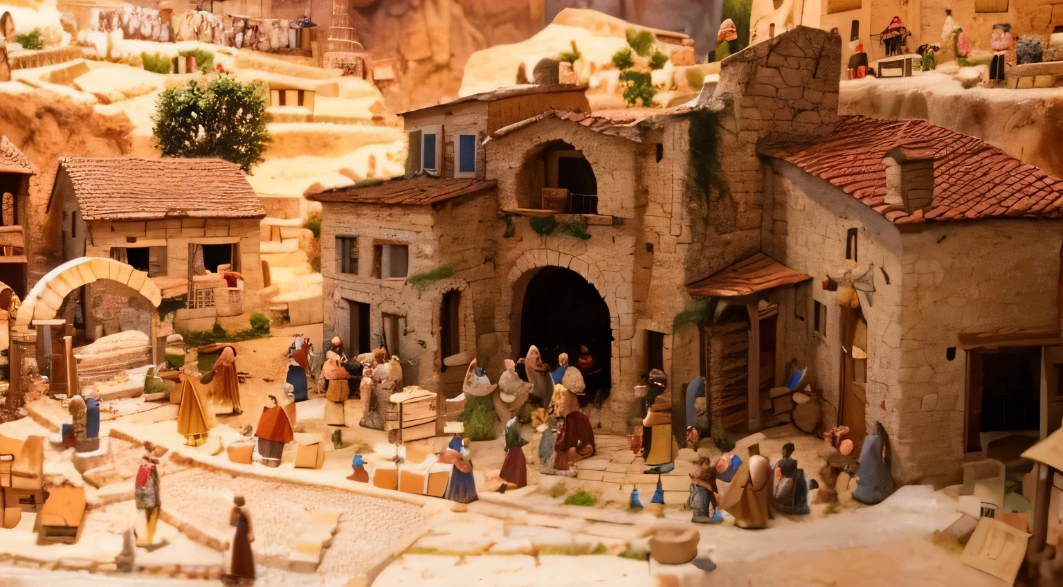 arafed model of a town with a lot of people, pilgrim village setting, miniature world, immensely detailed scene, ancient mediterranean village, village, immaculately detailed, beautiful image, beautiful detailed miniature, miniature city, amazingly detailed, full - view, a small medieval village, stunningly detailed, miniatures, wonderful details, with lots of details, diorama picture