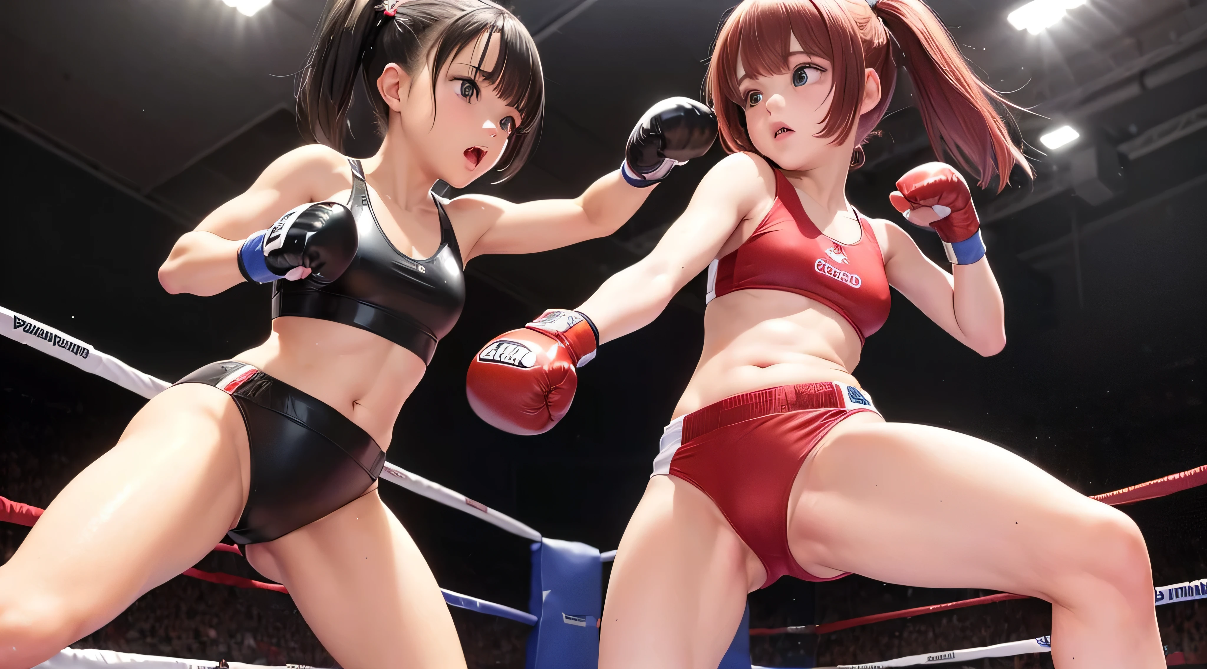 Ultra high resolution, anime, desenhado em detalhes, alta qualidade, Rosto detalhado, Personagem de anime dos anos 2010, from eye level, Pov, (( unharmed girl punching viewer in the face in professional boxe match)), close-up of boxe gloves, momento de impacto do soco, girl is little inferior to the spectator, visualizador voltado para o corpo, movimento de soco, olhos grandes, boxe, (latex red real boxe gloves), in real boxe ring, fundo da arena, boxe footwork in boxe ring, full of female audience, peito enorme, peito quicando, Mamilo pontiagudo, corpo inteiro, Olhando para o Viewer, ((pele oleosa)), ((pele oleosa)), shining suar, suar, (preto muito curto pigtails cabelo), ((emerald green latex de micro sbikini)), de micro sbikini, sbikini muito estreito, ((sbikini cortando no peito)), Symmetrical latex short boots, pernas finas, sem texto, cabelos pretos, clivagem completa, ombro nu, bare neck, bare collarbone, corpo nu, luz forte, Coxa nua, agressivo, Mente forte, afterimage of peito quicandos, seios transbordando de sbikini, Knockout Punch para o espectador, concentration line, fechar boca, corpo magro, Perna fina, jogo de luta, PROVOCANDO, (((dynamic punch))), (Standing), very close shot of boxe glove,pele brilhante, corpo brilhante,sbikini