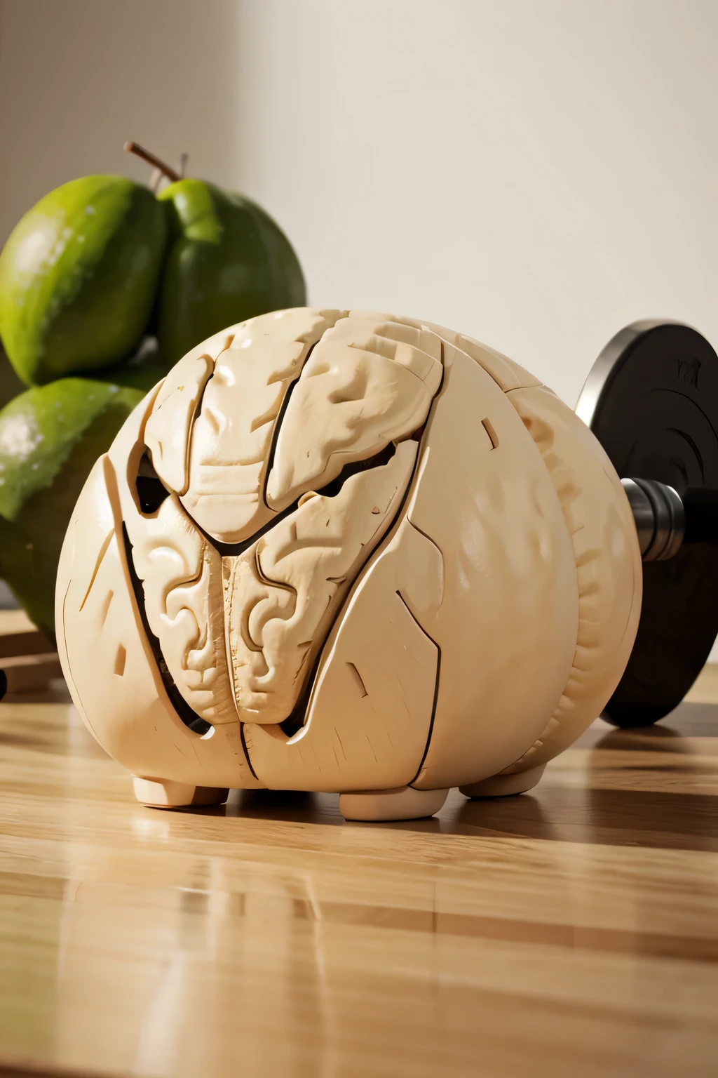 Make a picture with brain drawings, healthy food and gym dumbbell. qualidade 8k, FullHD