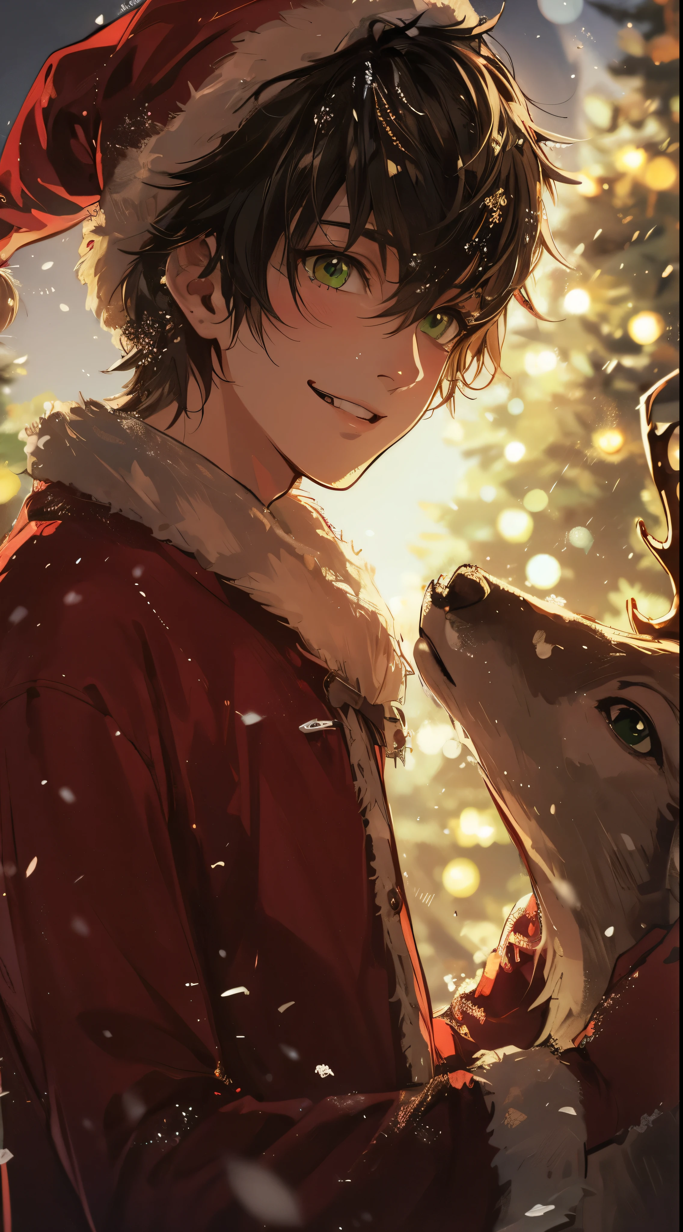 Clear line drawing, Clear shading, Beautiful young man, Dark hair, Green eyes, santa costume, pet the reindeer, Smiling, Snow, A light,High quality, amount of drawing, pixiv illustration