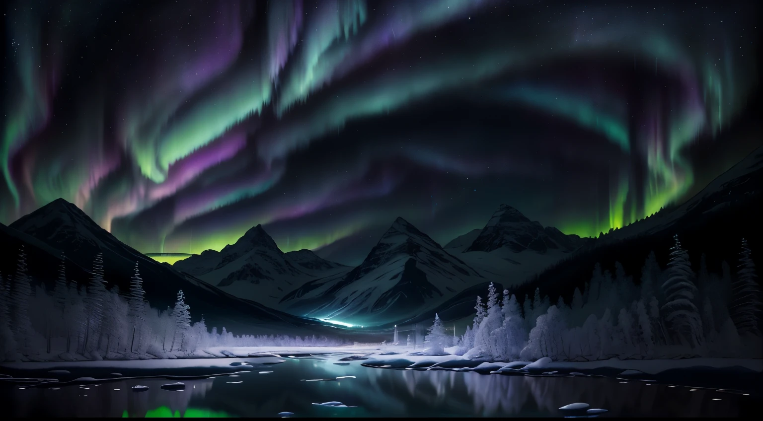 Northern Lights,Bob Ross style,painting,scenic art,landscape,oil paint,soft brush strokes,vivid colors,aurora borealis,night sky,twinkling stars,mountains,snow-capped peaks,reflection on water,peaceful atmosphere,tranquil setting,warm color palette,dramatic lighting,serene beauty,magical glow,ethereal,harmony and balance,subtle texturing,masterpiece:1.2,highres,soft transitions,smooth blending,emotive,atmospheric,awe-inspiring,majestic,calm and soothing,vibrant hues,gentle movement,sublime vistas