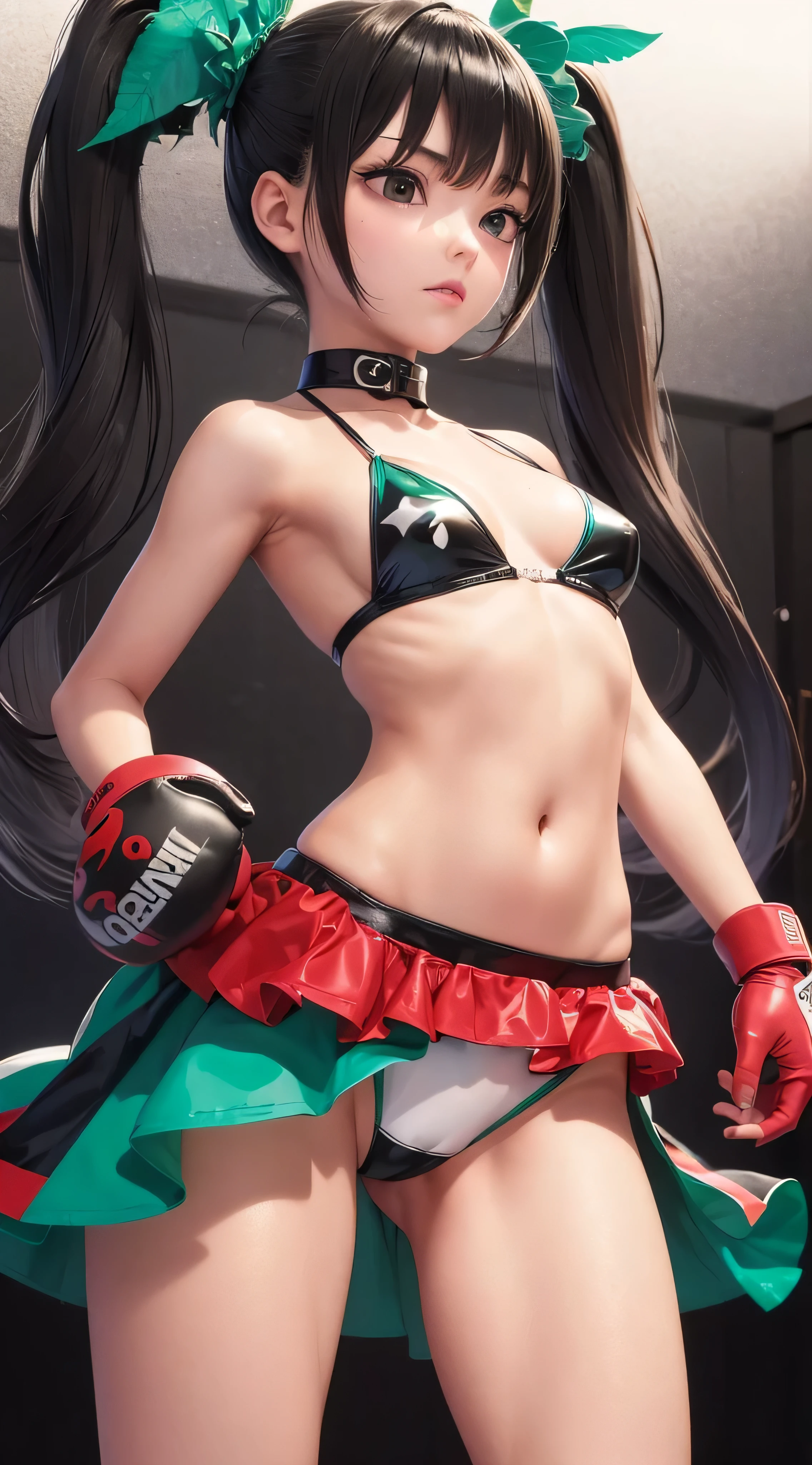 Ultra high resolution, anime, desenhado em detalhes, alta qualidade, Rosto detalhado, Personagem de anime dos anos 2010, from eye level, Pov, (( unharmed girl punching viewer in the face in professional boxe match)), close-up of boxe gloves, momento de impacto do soco, girl is little inferior to the spectator, visualizador voltado para o corpo, movimento de soco, olhos grandes, boxe, (latex red real boxe gloves), in real boxe ring, fundo da arena, boxe footwork in boxe ring, full of female audience, peito enorme, peito quicando, Mamilo pontiagudo, corpo inteiro, Olhando para o Viewer, ((pele oleosa)), ((pele oleosa)), shining suar, suar, (preto muito curto pigtails cabelo), ((emerald green latex de micro sbikini)), de micro sbikini, sbikini muito estreito, ((sbikini cortando no peito)), Symmetrical latex short boots, pernas finas, sem texto, cabelos pretos, clivagem completa, ombro nu, bare neck, bare collarbone, corpo nu, luz forte, Coxa nua, agressivo, Mente forte, afterimage of peito quicandos, seios transbordando de sbikini, Knockout Punch para o espectador, concentration line, fechar boca, corpo magro, Perna fina, jogo de luta, PROVOCANDO, (((dynamic punch))), (Standing), very close shot of boxe glove,pele brilhante, corpo brilhante,sbikini