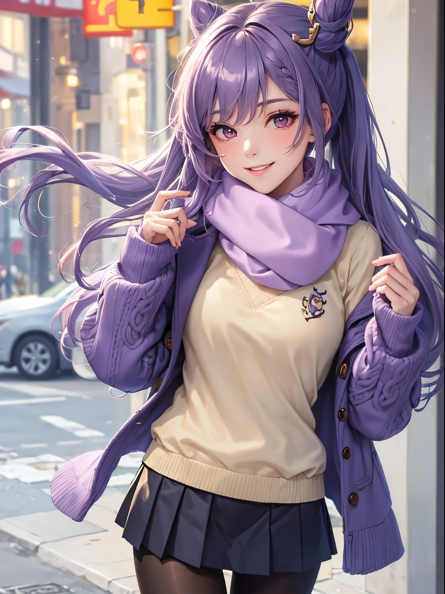purple hair girl, shyุ 7 ปี,  fit, Pale pink eyes, long hair,Green braid tied in bows left and right...........small breasts, Wear a brown sweater......., Wear a black miniskirt........ From America...,(shy).....The background is snowy.... 4K Photos