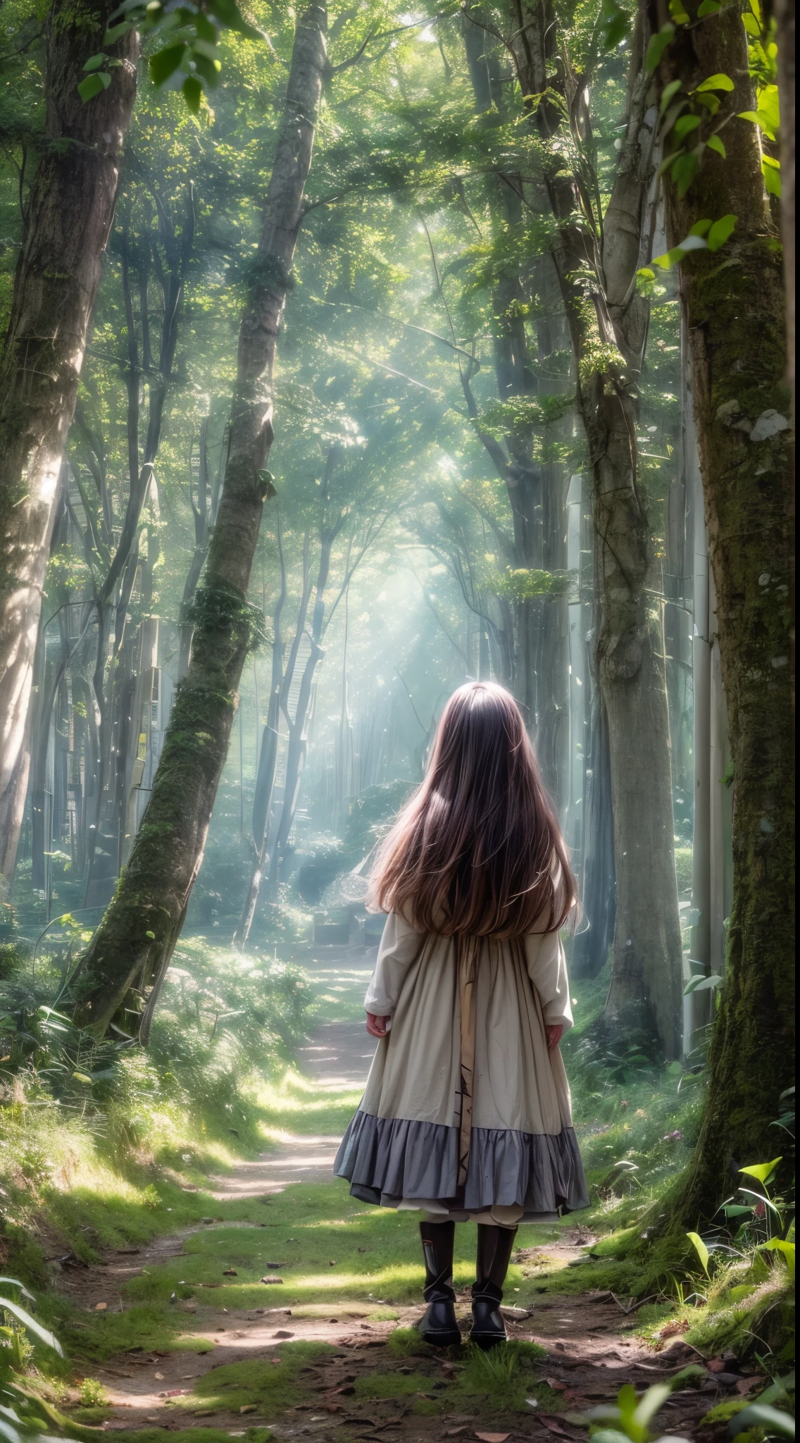 "Whimsical narrative, ((girl as the focal point)) in a mystical forest, alien machine as a fantastical backdrop, gentle sunbeams piercing through the branches, vivid color contrast, ((dreamy ambiance)), expertly blended elements, evocative storytelling"