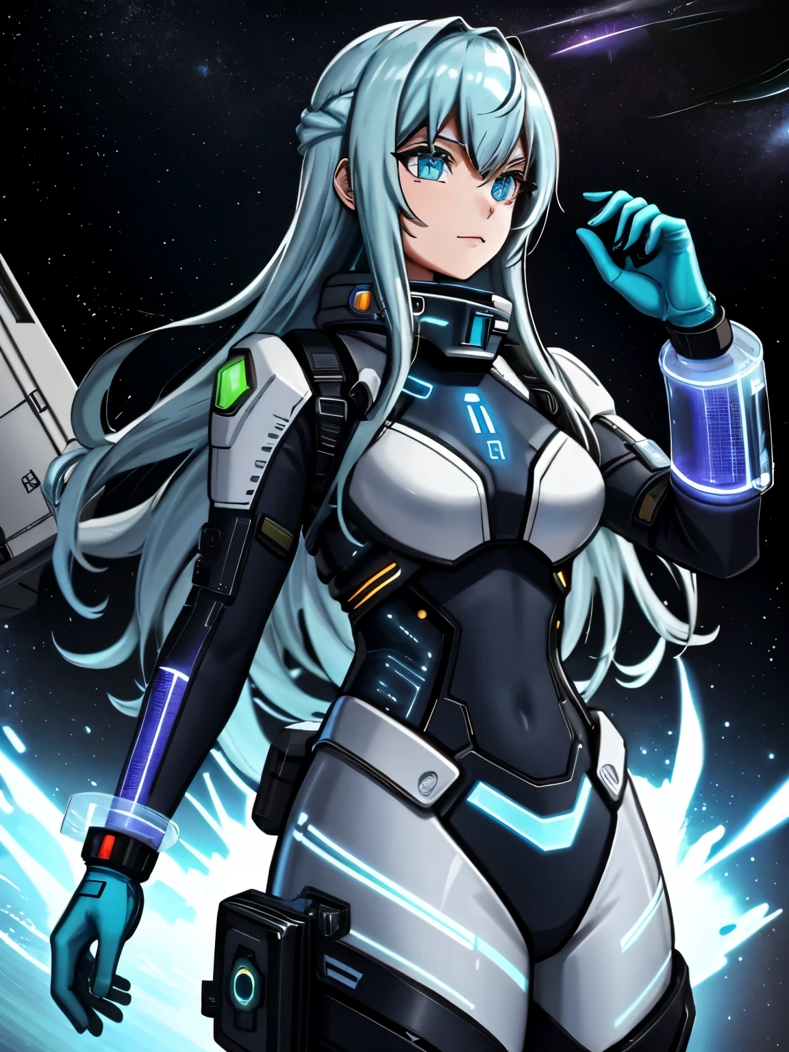 Design an intergalactic traveler equipped with high-tech gear and a space-faring outfit. Consider cosmic patterns, holographic elements, and a versatile spacesuit,hyperdetailed