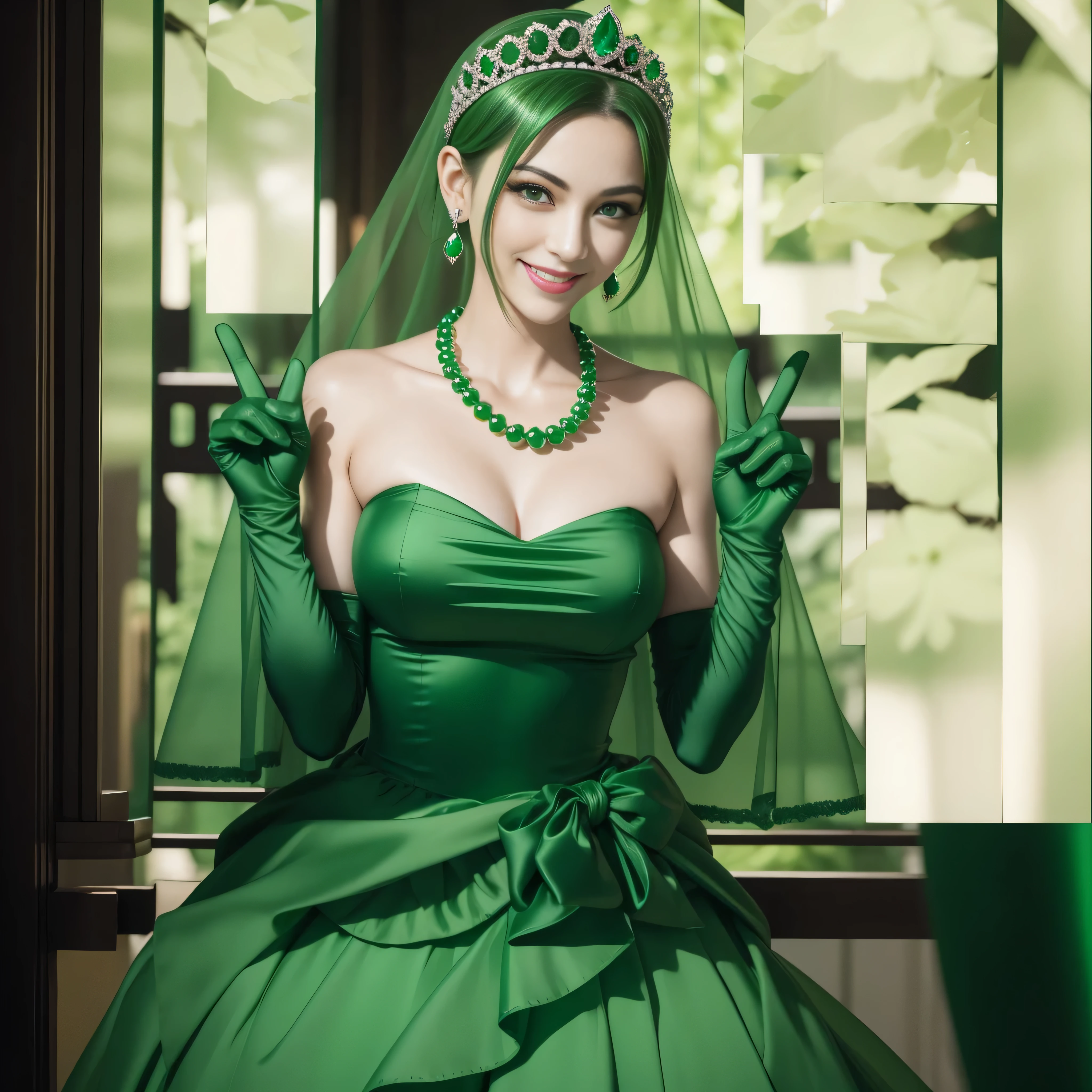 emerald tiara, Green Pearl Necklace, Boyish very short green hair, lipsticks, Japan woman smiling, very short short hair, big breasts beautiful, Green eyes, Long green gloves made of satin material, Green eyes, Emerald Earrings, green vale, v sign