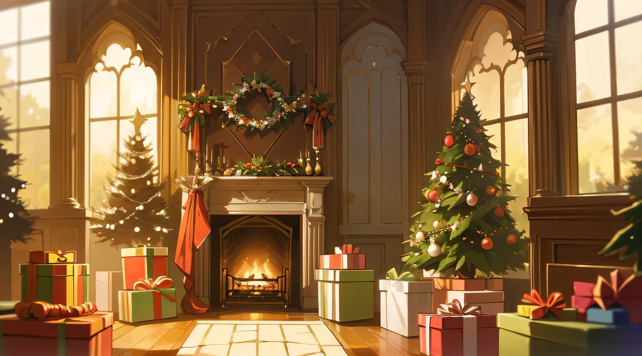 Ornate Tyndall Effect Fireplace for Christmas, Palace gorgeous magic, Many gift boxes, a warm color palette, a warm color palette, Lots of delicious Christmas colors, European retro style, Peaceful afternoon garden interior