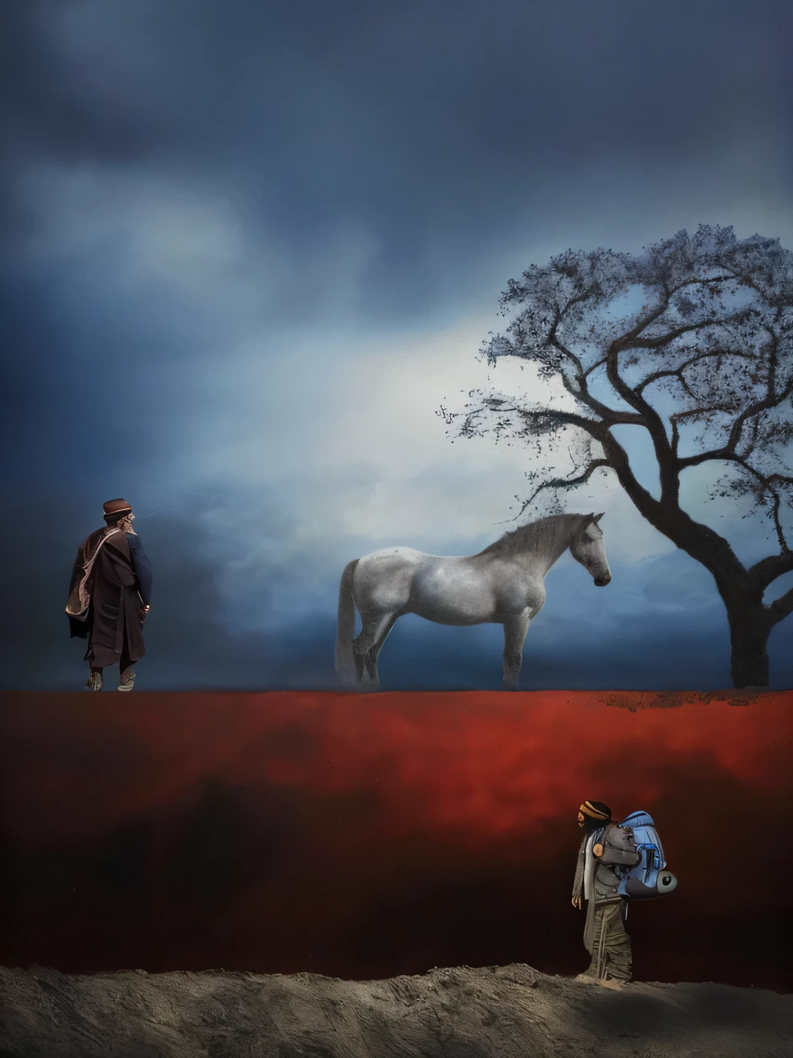 The painting depicts a man and a horse in a field with trees, Tom Chambers photography, Surreal scenarios, author：Sohrab Sepeli, Inspired by Steve McCurry, Inspired by Storm Thorgerson, author：Mahmoud Fashchian, inspired by Tom Chambers, Inspired by Ibrahim Kodra, Surreal conceptual art, Ahmed Kalahisari