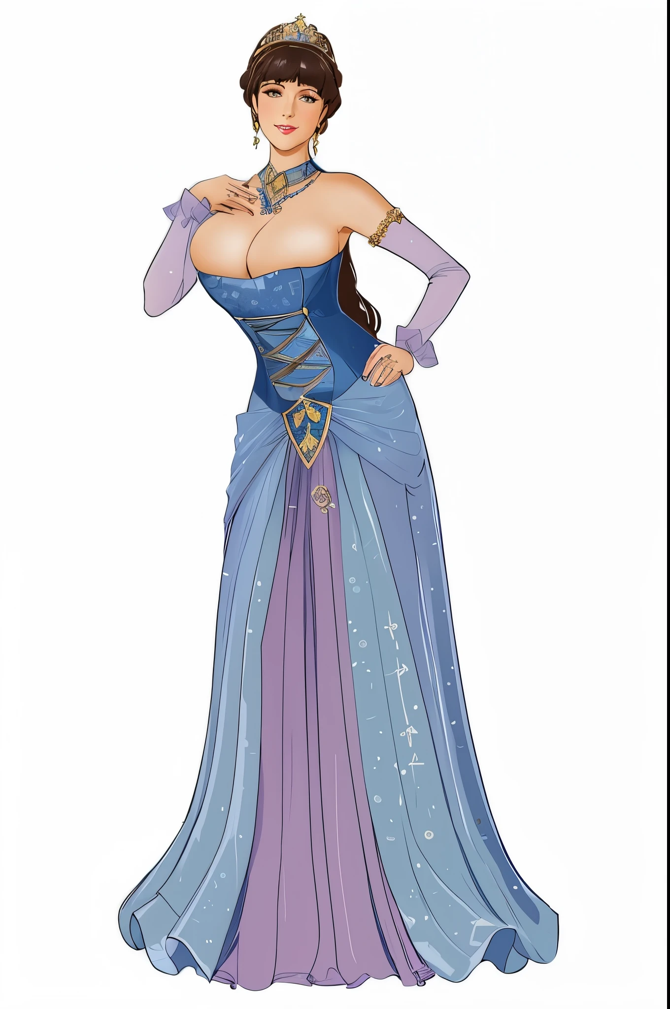 a cartoon of a woman in a blue dress with a tiable, wearing fantasy formal clothing, !!full body portrait!!, in a fancy elaborate dress, full body close-up shot, full body illustration, royal elegant pose, d & d style full body portrait, garbed in a purple gown, medieval princess, full body!, regal pose, flat cel shading mucha