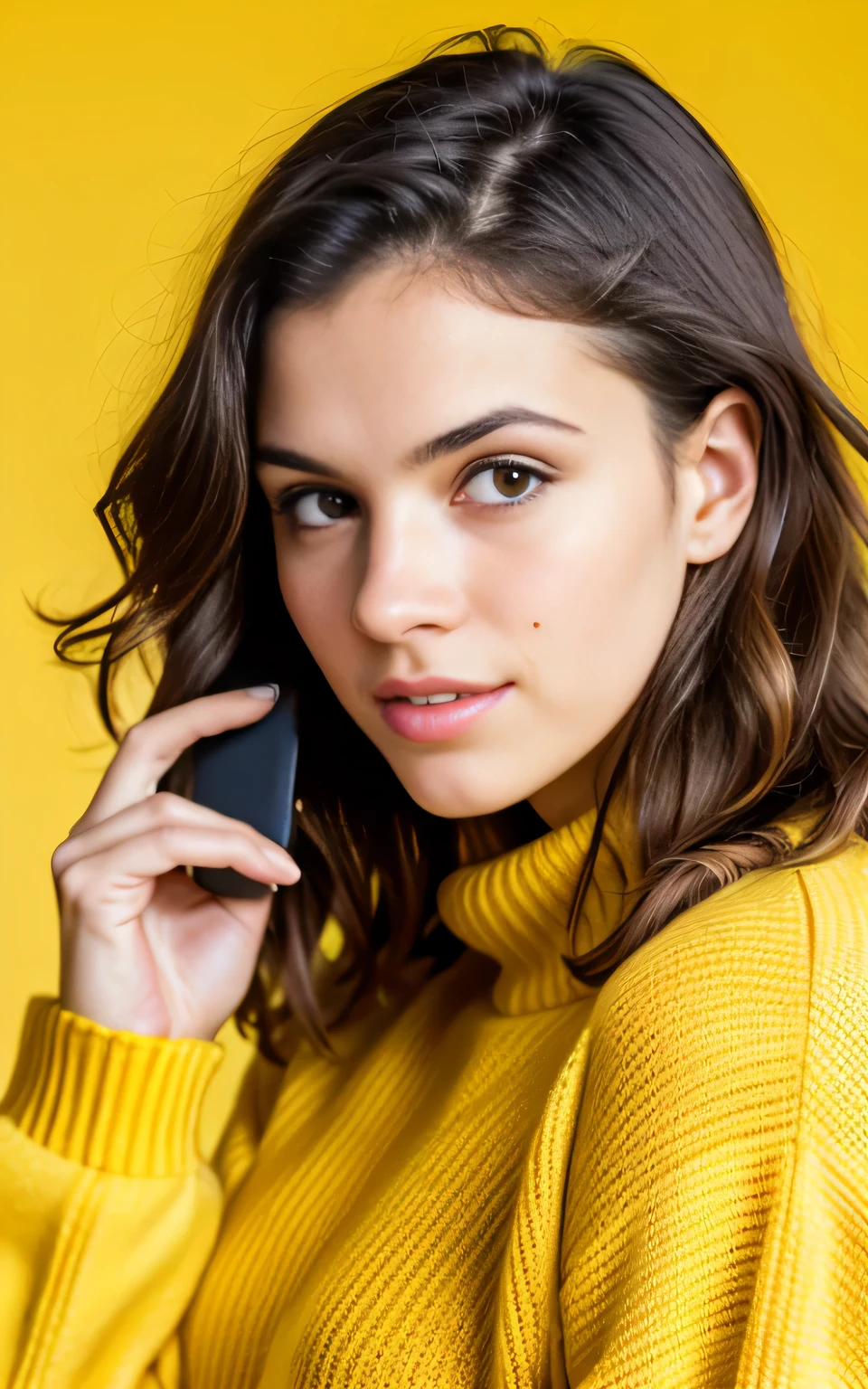 beautiful brunette wearing yellow sweater (talking on the phone in a studio in front of a completely yellow background), very detailed, 21 years old, innocent face, natural wavy hair, brown eyes, high resolution, masterpiece, best quality, intricate details, highly detailed, sharp focus, detailed skin, realistic skin texture, texture, detailed eyes, professional, 4k, charming smile, shot on Canon, 85mm, shallow depth of field, kodak vision color, perfect fit body, extremely detailed, foto_\(ultra\), photorealistic, realistic, post-processing, maximum detail, roughness, real life, ultra realistic, photorealism, photography, 8k uhd, photography