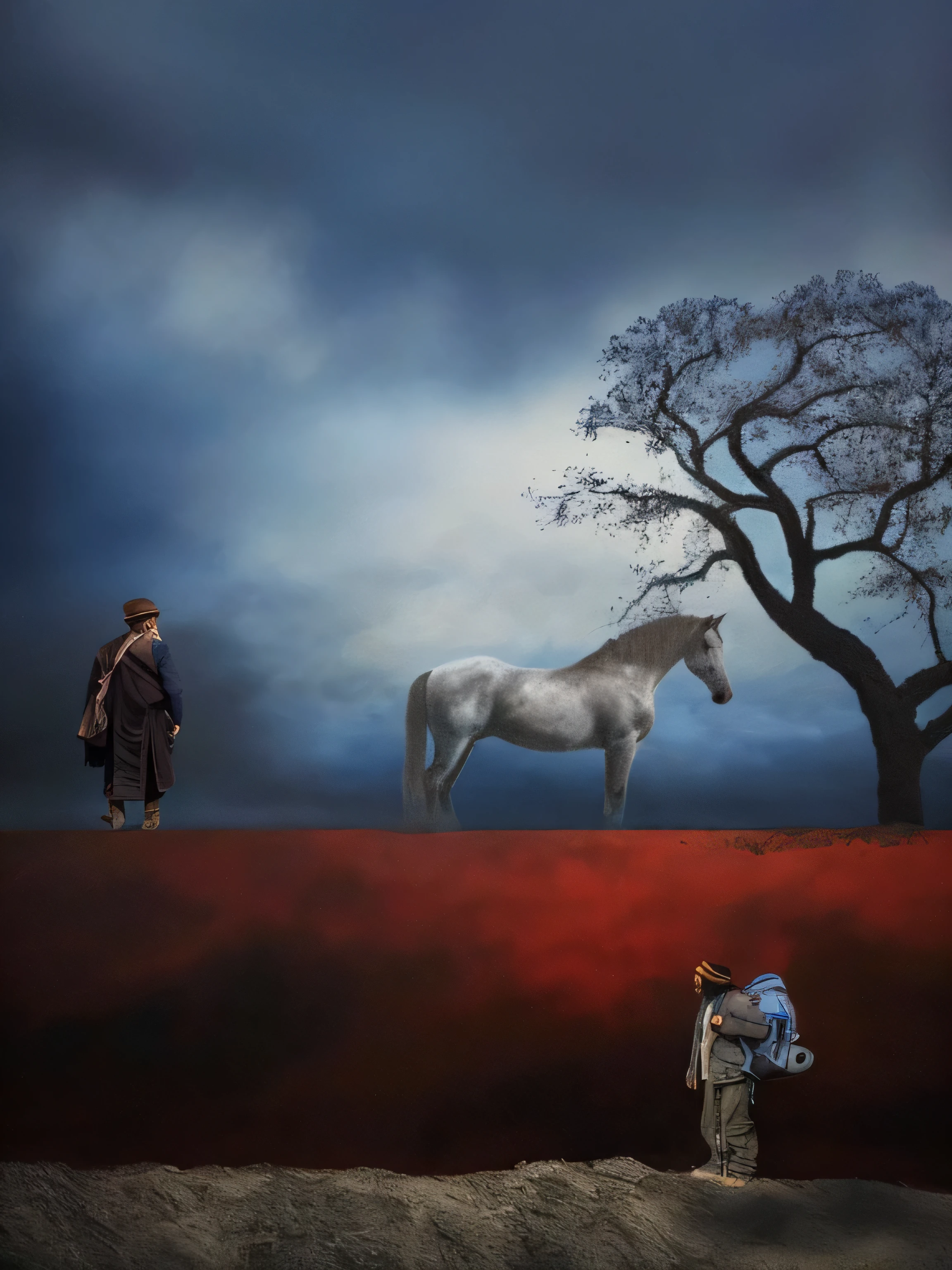 The painting depicts a man and a horse in a field with trees, Tom Chambers photography, Surreal scenarios, author:Sohrab Sepeli, Inspired by Steve McCurry, Inspired by Storm Thorgerson, author:Mahmoud Fashchian, inspired by Tom Chambers, Inspired by Ibrahim Kodra, Surreal conceptual art, Ahmed Kalahisari