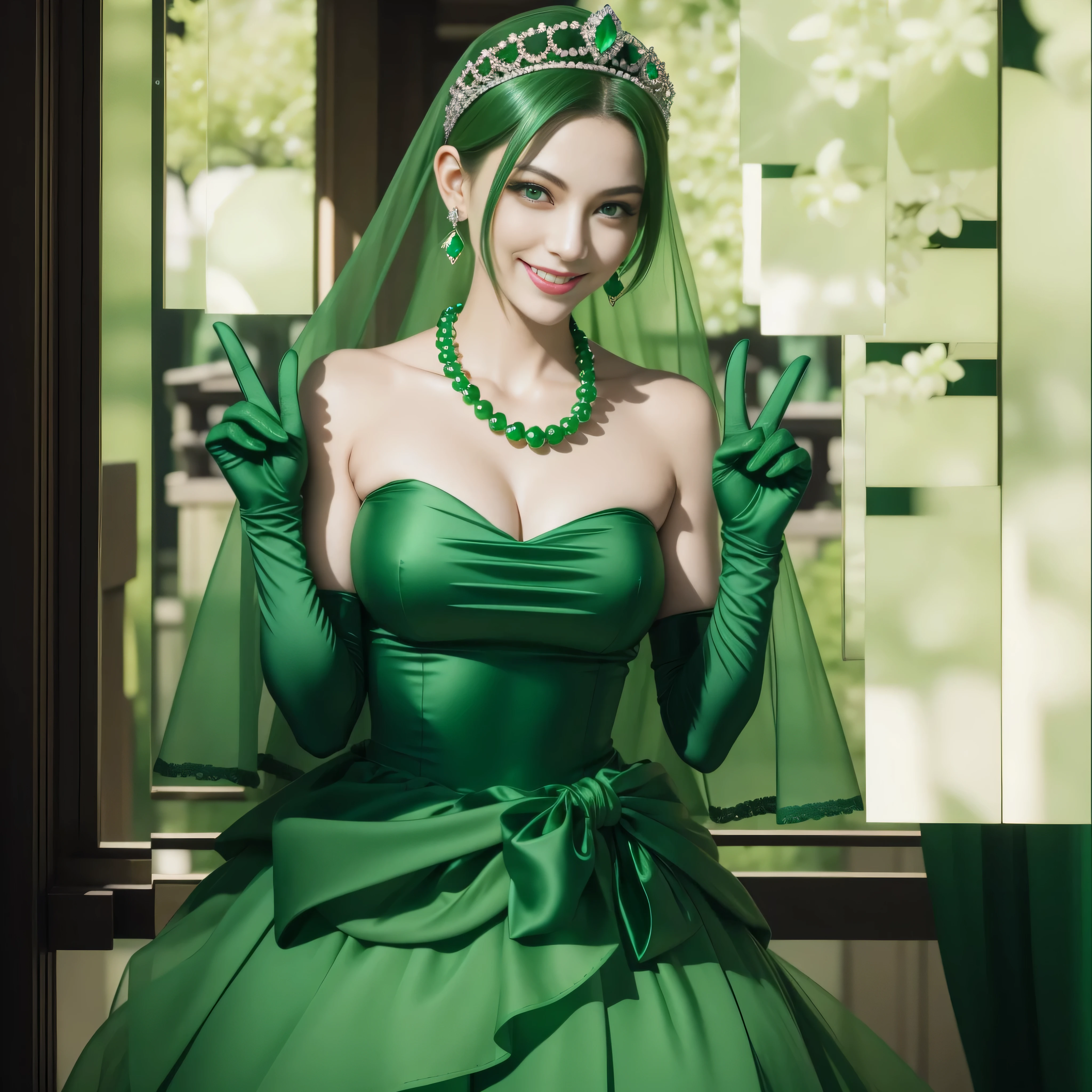 emerald tiara, Green Pearl Necklace, Boyish very short green hair, lipsticks, Japan woman smiling, very short short hair, big breasts beautiful, Green eyes, Long green gloves made of satin material, Green eyes, Emerald Earrings, green vale, v sign