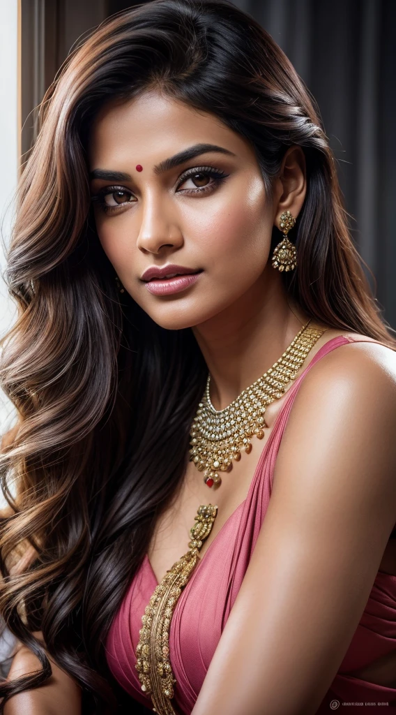 Portrait of Indian most beautiful and attractive woman in her 30s as a beautiful female model, beautiful face, [[Long Brunette Shag with Subtle Highlights]] Her dark hair falls in loose waves around her face, dramatic lighting, trending on art-station, portrait, digital art, modern, sleek, highly detailed, formal, determined, pink liner lipstick, soft lips, black eyes, happy,