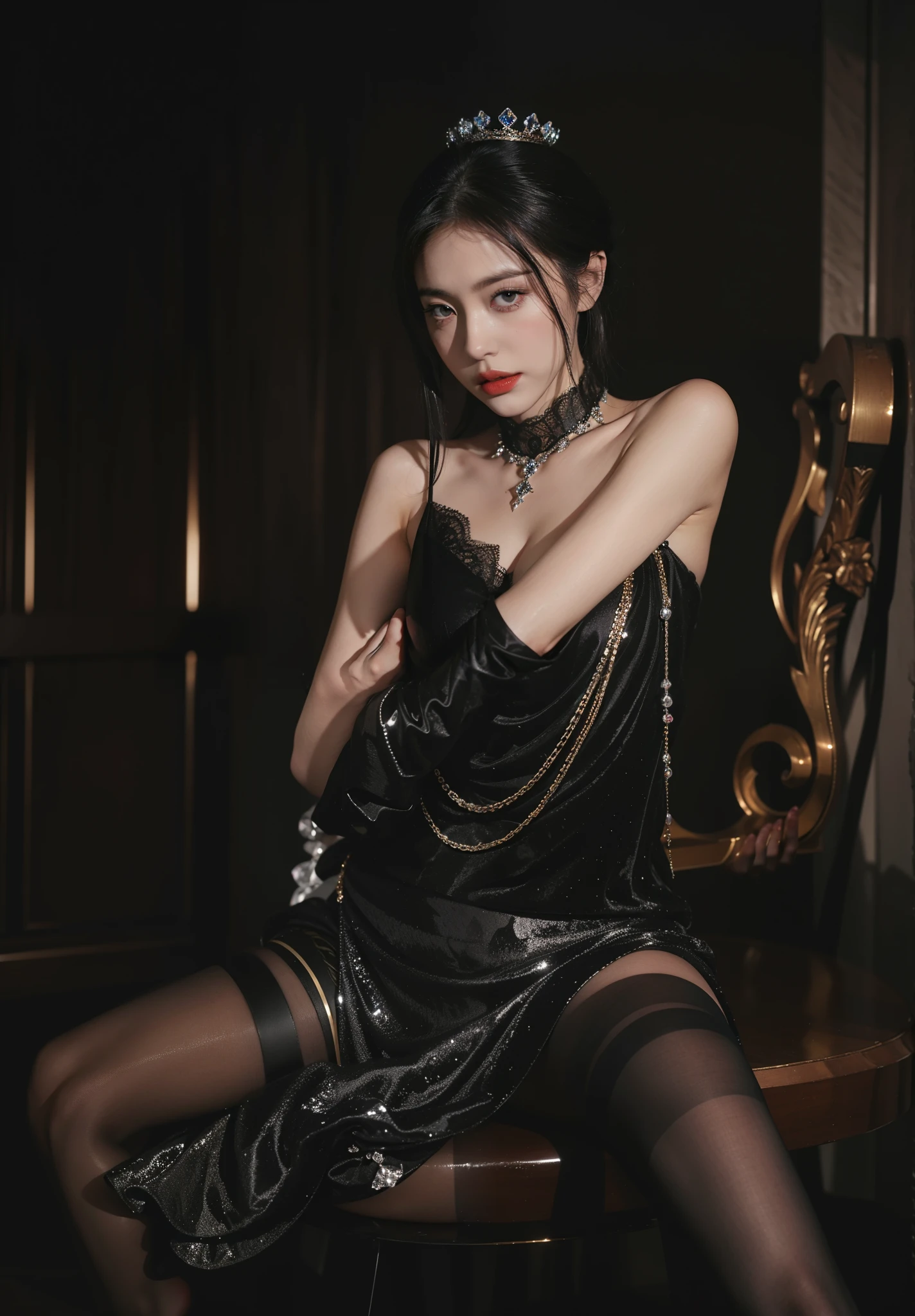 Imperial sister,詳細な目,Snow Queen,put the crown on your head,Detailed facial expressions,Ripe body,Tall figure,the number,legs long,4K,k hd,fleshy feeling,White translucent lace,Fair and plump figure,Nice face,Cherry small mouth,beautiful and delicious(3D royal sister),a plump buttocks,gloss gel coat,Vampire queen wears luxurious dress,Crystal Gem Crown,