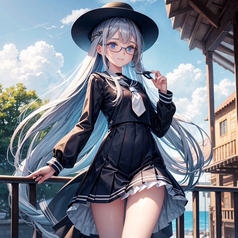 A 14 years old girl, dark blue eyes with glasses, silver very long hair with pale blue streaked hair, wearing black sailor suit and skirt, whole body, slender and small tits body, smart smile , beckoning pose, wearing a straw hat