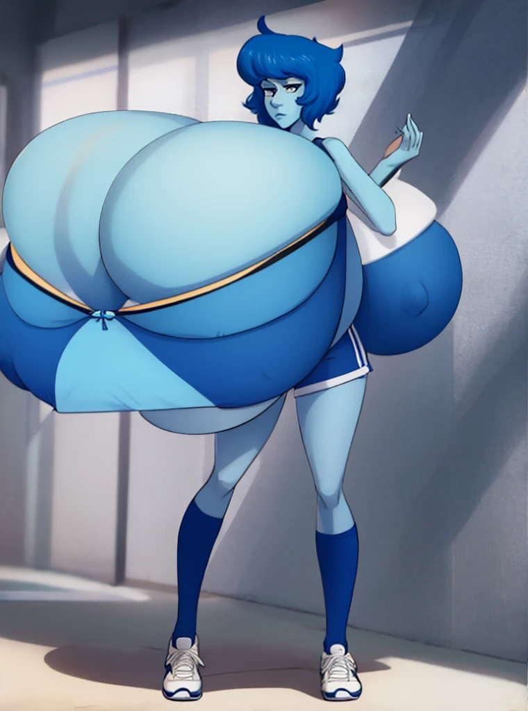 1girl,solo, SuLapisLazuli, blue skin, blue eyes, colored skin, lapis lazuli \(steven universe\),full body,standing, white crop top, blue shorts, socks, calm face, baseball uniform, (masterpiece:1.4),(best quality:1.4), (large breasts:1.6), looking at viewer, closed mouth,