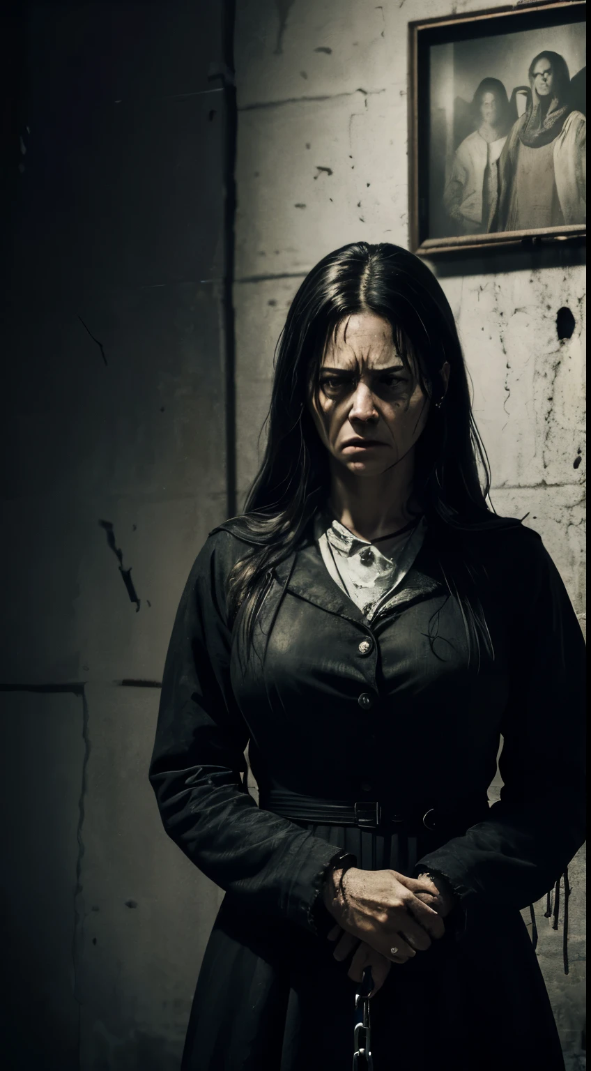 (best quality,4k,8k,highres,masterpiece:1.2),ultra-detailed,(realistic,photorealistic,photo-realistic:1.37),dark,ominous,historical,horror,portrait,execution,Angela having nightmare,haunting,black and white,extremely detailed eyes and face,detailed hands,sharp focus,prisoner's uniform,tight noose,menacing atmosphere,gallows,witnesses looking horrified,expression of fear in Angela's eyes,creepy shadows,emotionally charged,documentary style,severe punishment,poignant,despair,horrifying moment of justice,authentic period details,gritty textures,heavy chains,crowded prison yard,powerful image of injustice,desperation,solemn mood,truthful representation.