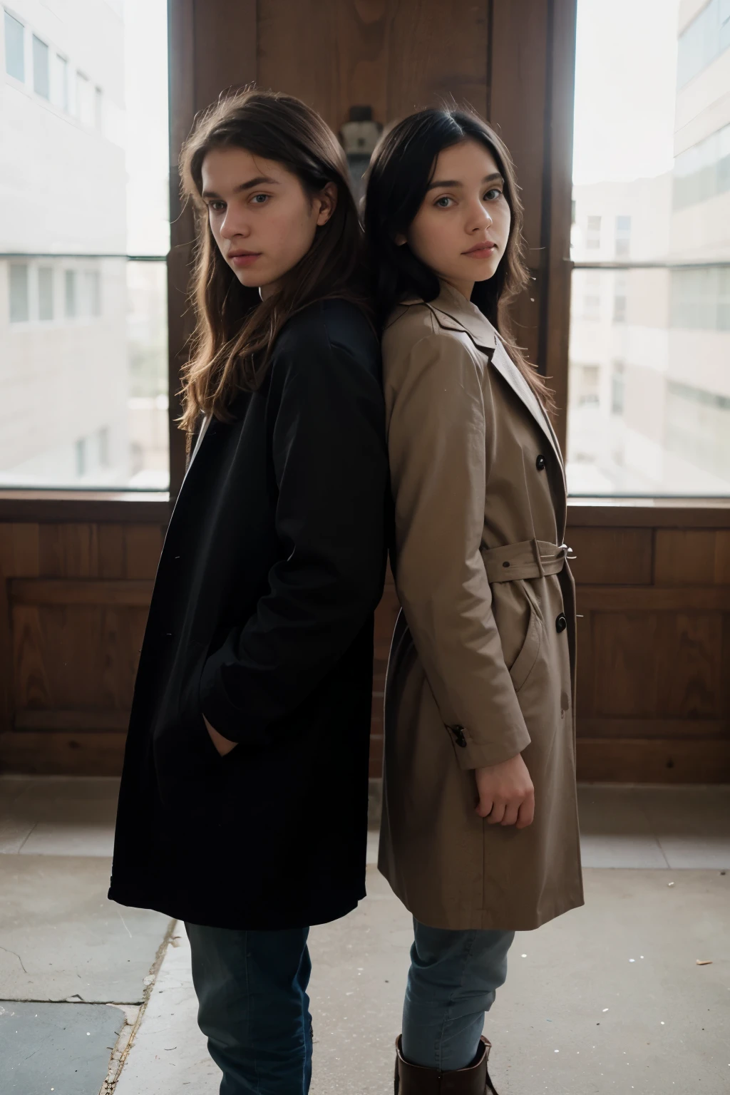A young adult girl and young adult boy stand back-to-back. The girl is fair and white, with black hair and dark brown eyes. The boy has dark brown skin and has bright blue eyes and light hair. They are dressed in long coats, pants, and boots.
