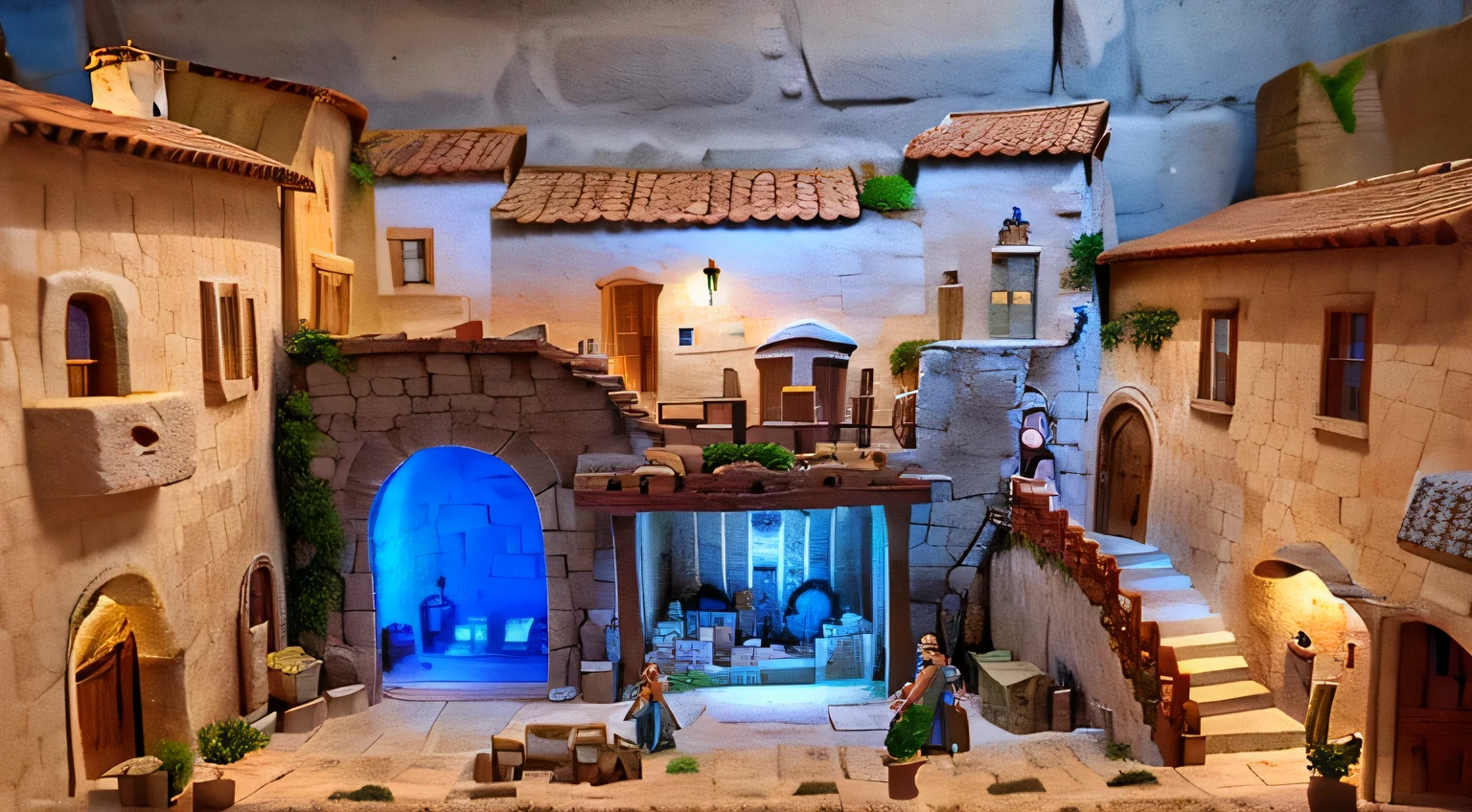 arafed view of a nativity scene with a nativity scene in the middle, a small medieval village, pilgrim village setting, mediterranean fisher village, diorama model, diorama, immensely detailed scene, miniature world, large diorama, highly detailed diorama, immaculately detailed, ancient mediterranean village, stone grotto in the center, diorama picture, magical village