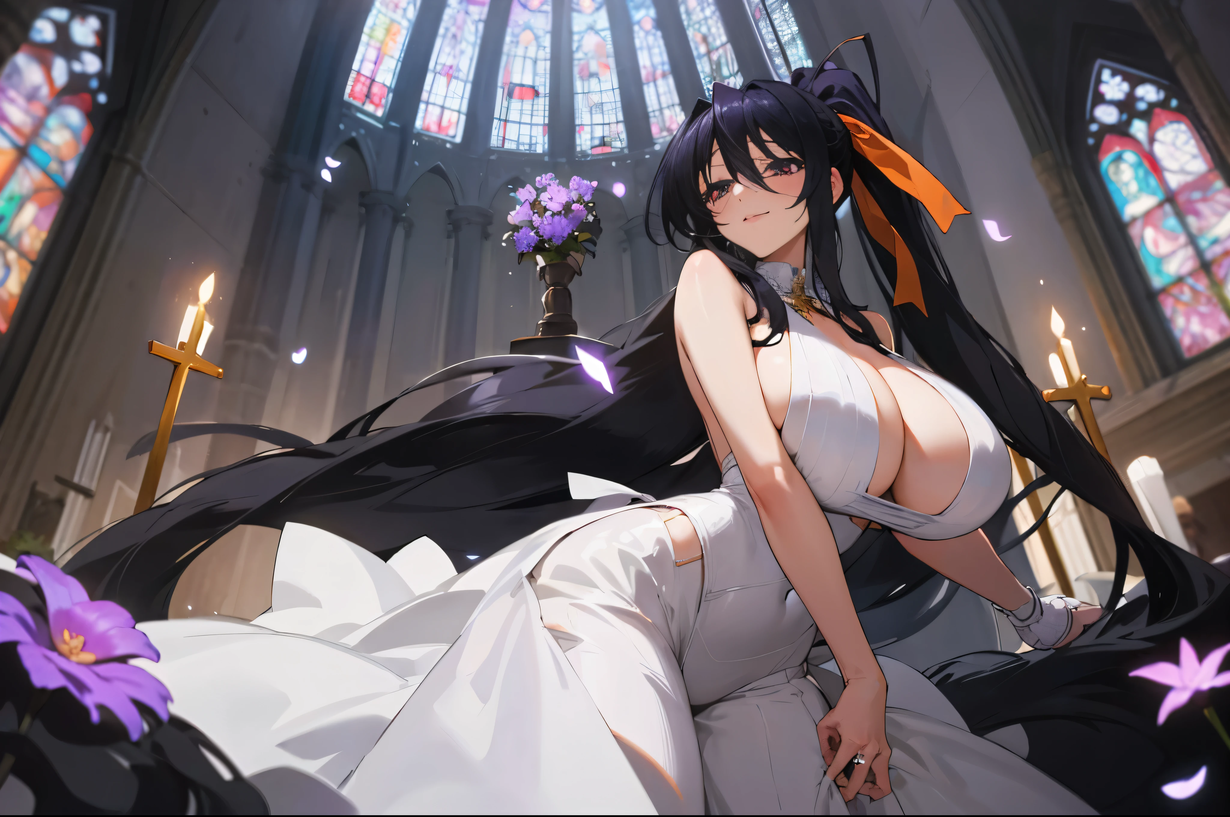 (1girl), himejima_akeno, black hair, ponytail, ((very long hair)), ribbon,), huge tits, purple Flowers, in a wedding dress, church