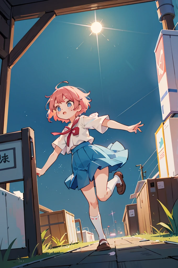 Generate dynamic vector image depicting an high school girl character with full body action pose, short pink hair, white shirt, blue skirt, red lace, reflecting the vibrancy and individuality of today’s age culture. high quality, 8K Ultra HD, night city in background, The beautiful girl Who Leapt Through a dangerous city, Feels like Mamoru Hosoda, Time leap when the beautiful girl runs and jumps Detailed illustration, A digital illustration of anime style, digital anime paintings of her, soft anime tones, Feels like Japanese anime, fantasy art, Three-dimensional expression, luminism, Albert Anker, Feeling like Kyoto Animation, Greg Rutkowski, Artgerm, WLOP, Alphonse Beeple, pixiv, luminism, 3d render, octane render, Isometric, by yukisakura, awesome full color