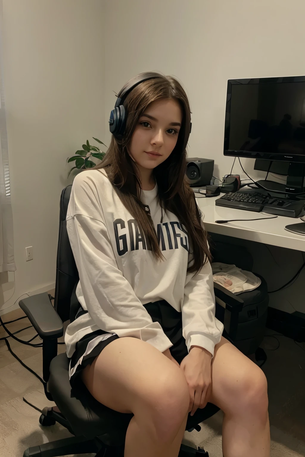 age 27, long brown hair, slim & curvy , 36EE breast, 66cm waist, 91cm hip, brown eyes, asian, Japanese, full body, Looking at viewer, 5.0ft height, Realistic, high resolution, very detailed, sitting down on a gaming chair, ,  video game controller in hands, wearing headphones, wearing a grey hoodie, computer screen in background