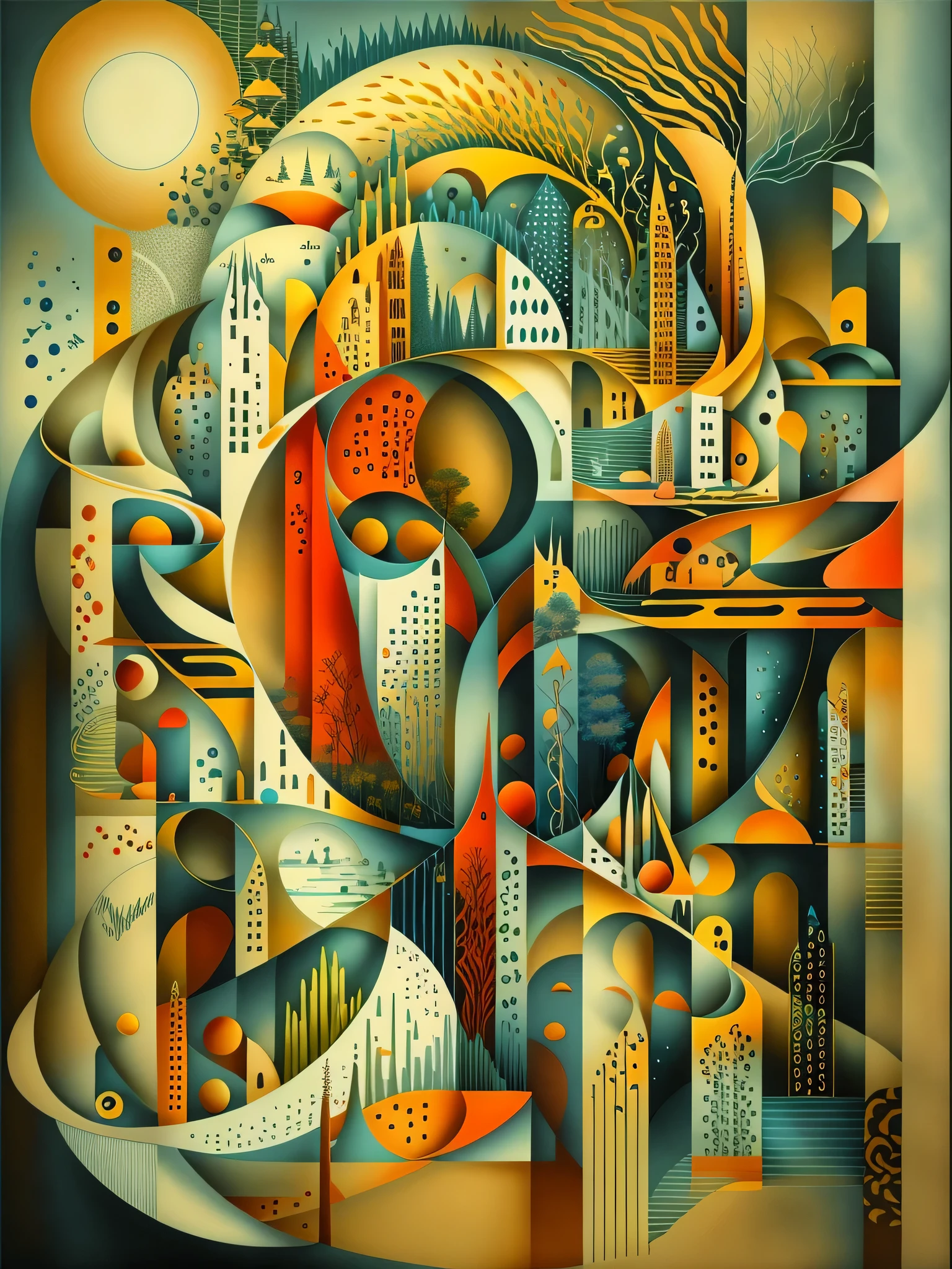 Crear una pintura que combine los estilos del surrealismo, Modernismo, cubismo, y art deco, con influencias del constructivismo y el minimalismo. The painting must be a representation of the artist's interpretation of the world., using a combination of abstract and figurative elements. The painting should be a reflection of the artist's unique perspective, and should convey a sense of mystery, maravilla, e intriga