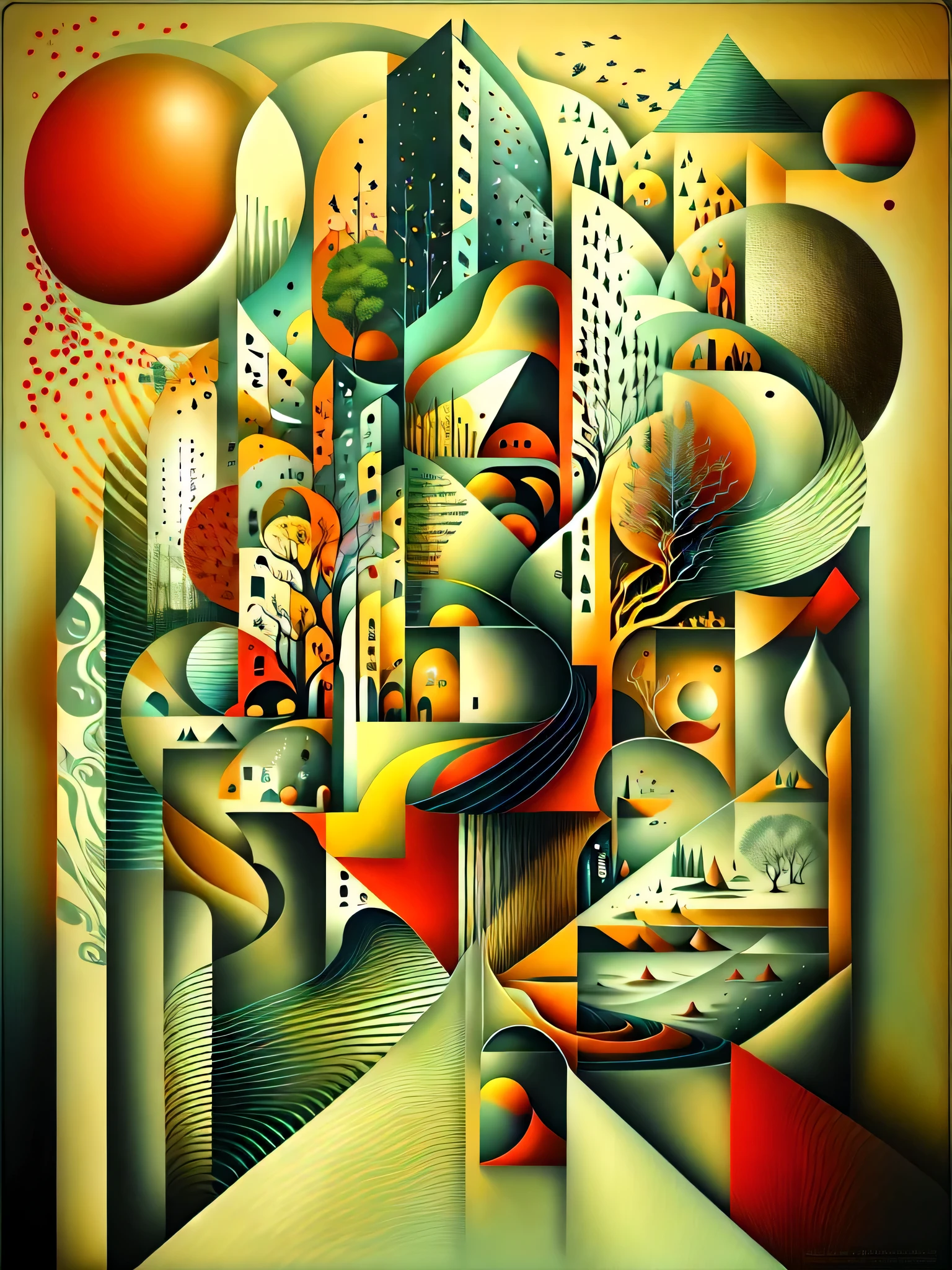 Crear una pintura que combine los estilos del surrealismo, Modernismo, cubismo, y art deco, con influencias del constructivismo y el minimalismo. The painting must be a representation of the artist's interpretation of the world., using a combination of abstract and figurative elements. The painting should be a reflection of the artist's unique perspective, and should convey a sense of mystery, maravilla, e intriga
