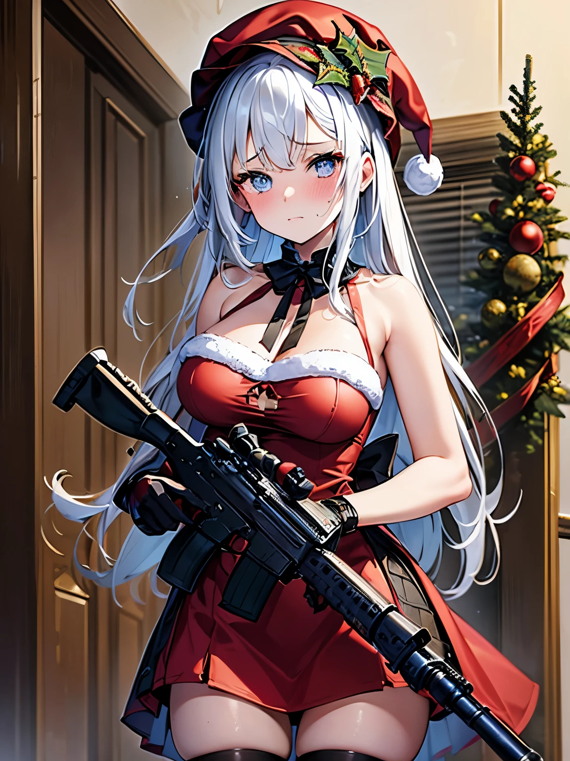 1girl, wide-eyed, constricted pupils, embarrassed,, masterpiece, best quality, highly detailed, Christmas hat red, Camouflaged military equipment Gun in hand