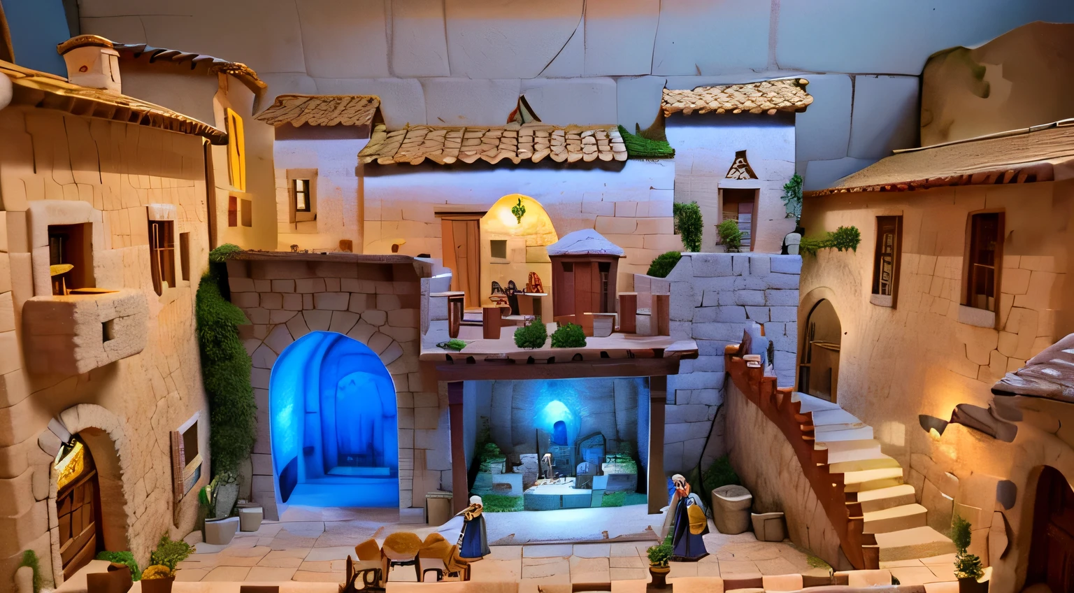 arafed view of a nativity scene with a nativity scene in the middle, a small medieval village, pilgrim village setting, mediterranean fisher village, diorama model, diorama, immensely detailed scene, miniature world, large diorama, highly detailed diorama, immaculately detailed, ancient mediterranean village, stone grotto in the center, diorama picture, magical village