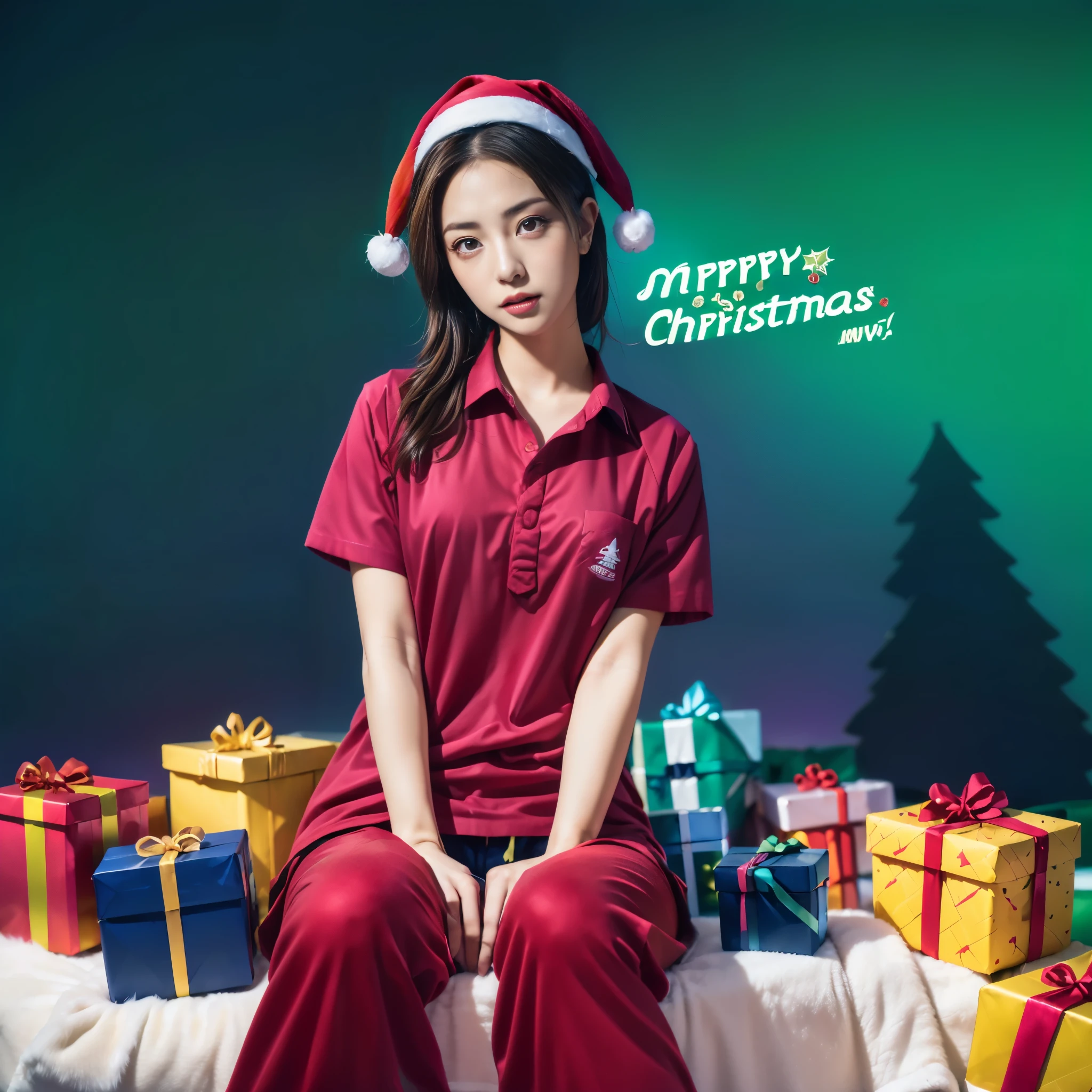 ((1 Cute medium haired girl full body w-sitting merry xmas:1.5)),((chrismas tree decoration)),santa,w-sitting,(wide shot:1.3),field of view,18yo, shiny skin, Perfect body, Correct body, ((Correct anatomy:1.37)) ,wearing ((lightgreen shirt:1.1)),short sleeves, shirt hem,(shiny darkblue_long track pant:1.1) , ((graffiti xmas theme Background:1.39)) , (bestquality,highres,masterpiece:1.2),ultra-detail,(photo-realistic:1.37),dynamic angle,face focus,cinematic light,8k resolution, RAW photo