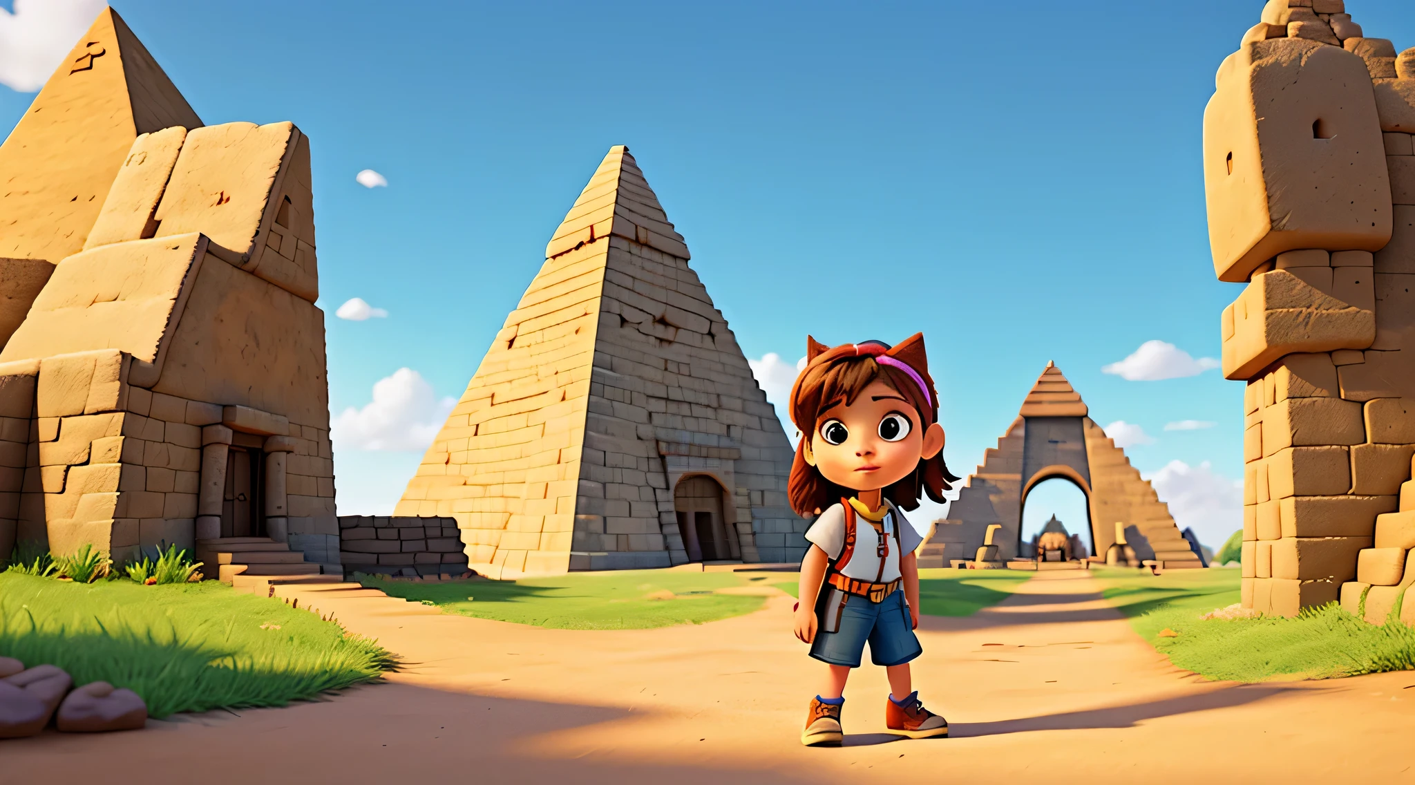 Adventurous girl with backpack in a magical city with pyramids in the background. Estilo filme da Disney Pixar