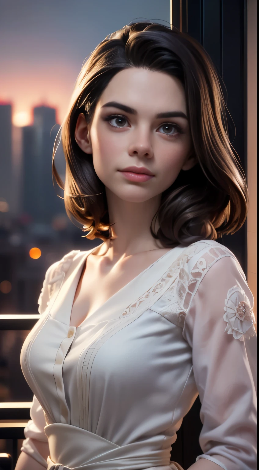 photo of Hayley Atwell, RAW, beautiful woman, ((portrait)), ((detailed face:1.2)), ((detailed facial feature, detailed skin, clear skin), (perfect proportioned body), (wearing a colorful dress) (high detailed city environment, apartment balcony), (realistic photo, best quality, detailed), (8k wallpaper), (cinematic lighting, dramatic lighting) (sharp focus, intricate)