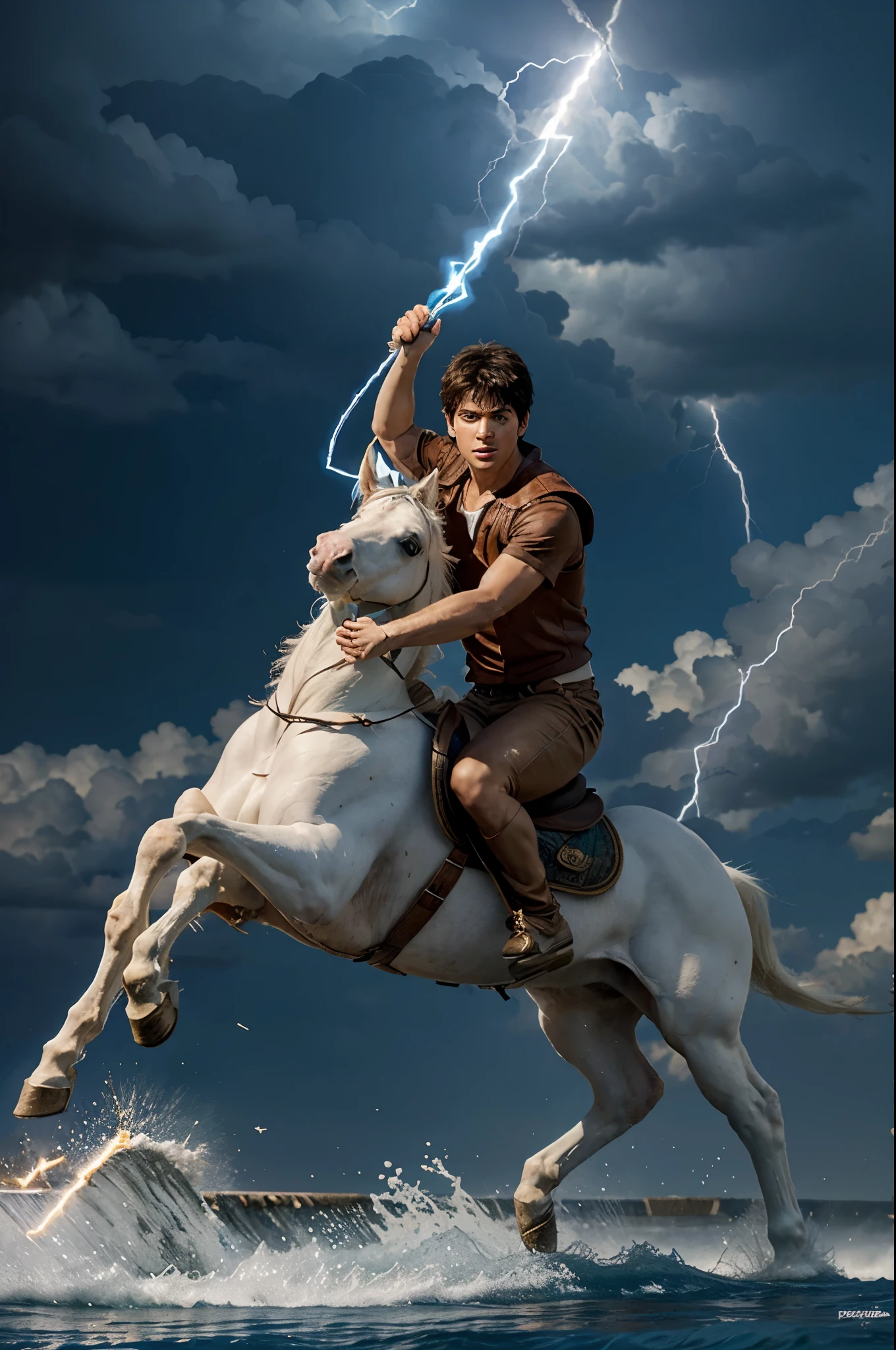 create an image of percy jackson on a white horse, giving the lightning bolt to his father poseidon