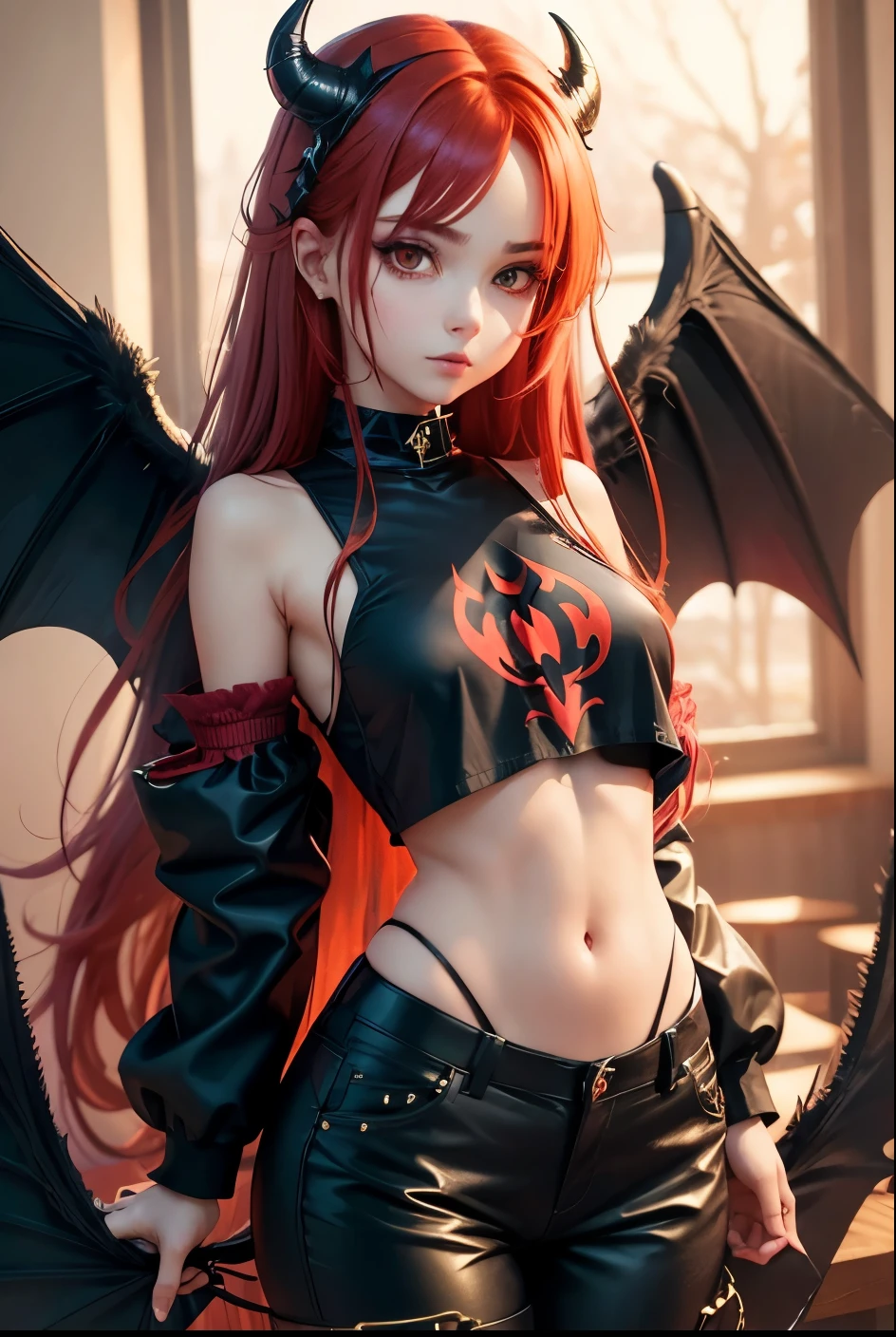 cute girl, satan, Red hair, Demon tail, Gold clothes, Black wings, baggy pants, star, Succubus, Evil, Evil cute,
