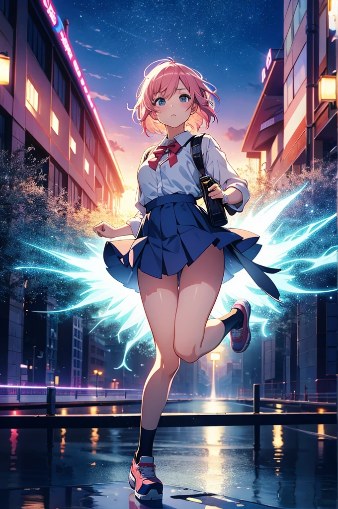 Generate dynamic vector image depicting an high school girl character with full body action pose, short pink hair, white shirt, blue skirt, red lace, reflecting the vibrancy and individuality of today’s age culture. high quality, 8K Ultra HD, night city in background, The beautiful girl Who Leapt Through a dangerous city, Feels like Mamoru Hosoda, Time leap when the beautiful girl runs and jumps Detailed illustration, A digital illustration of anime style, digital anime paintings of her, soft anime tones, Feels like Japanese anime, fantasy art, Three-dimensional expression, luminism, Albert Anker, Feeling like Kyoto Animation, Greg Rutkowski, Artgerm, WLOP, Alphonse Beeple, pixiv, luminism, 3d render, octane render, Isometric, by yukisakura, awesome full color